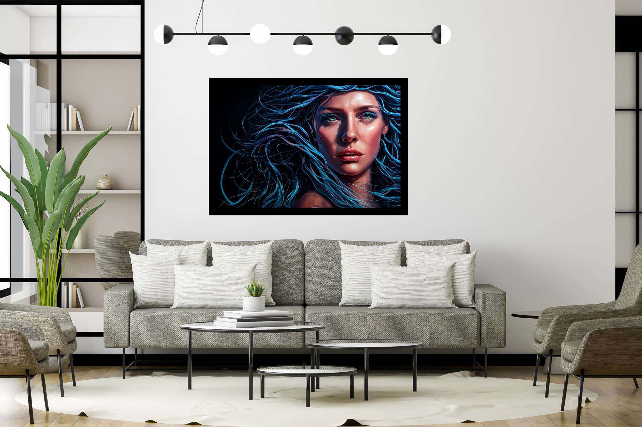Azure siren's reverie: Surrealistic art with subconscious, in a room with great design, framed art, and home furnishings. The art can be printed on poster, framed poster, canvas, metal, acrylic or wood, exclusively at WallArtZen. Find this exact print at https://wallartzen.com/waz284