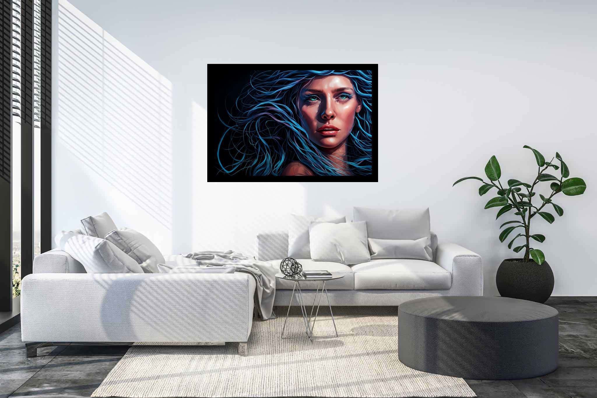 Azure siren's reverie: Surrealistic art with otherworldly, in a room with contemporary flair, fine art prints, and home furnishings. The art can be printed on poster, framed poster, canvas, metal, acrylic or wood, exclusively at WallArtZen. Find this exact print at https://wallartzen.com/waz284