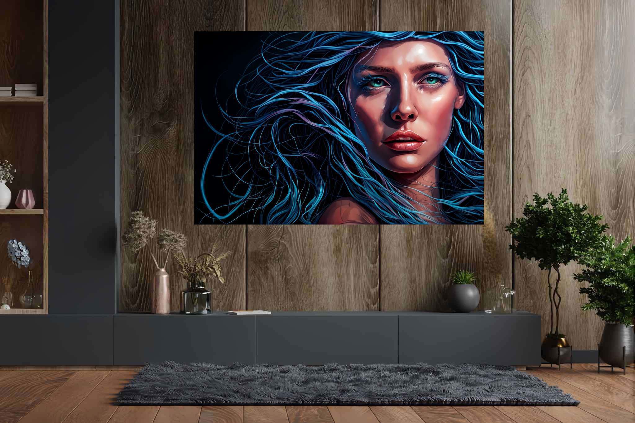 Azure siren's reverie: Surrealistic art with otherworldly, in a room with urban design, abstract paintings, and artisan decor. The art can be printed on poster, framed poster, canvas, metal, acrylic or wood, exclusively at WallArtZen. Find this exact print at https://wallartzen.com/waz284