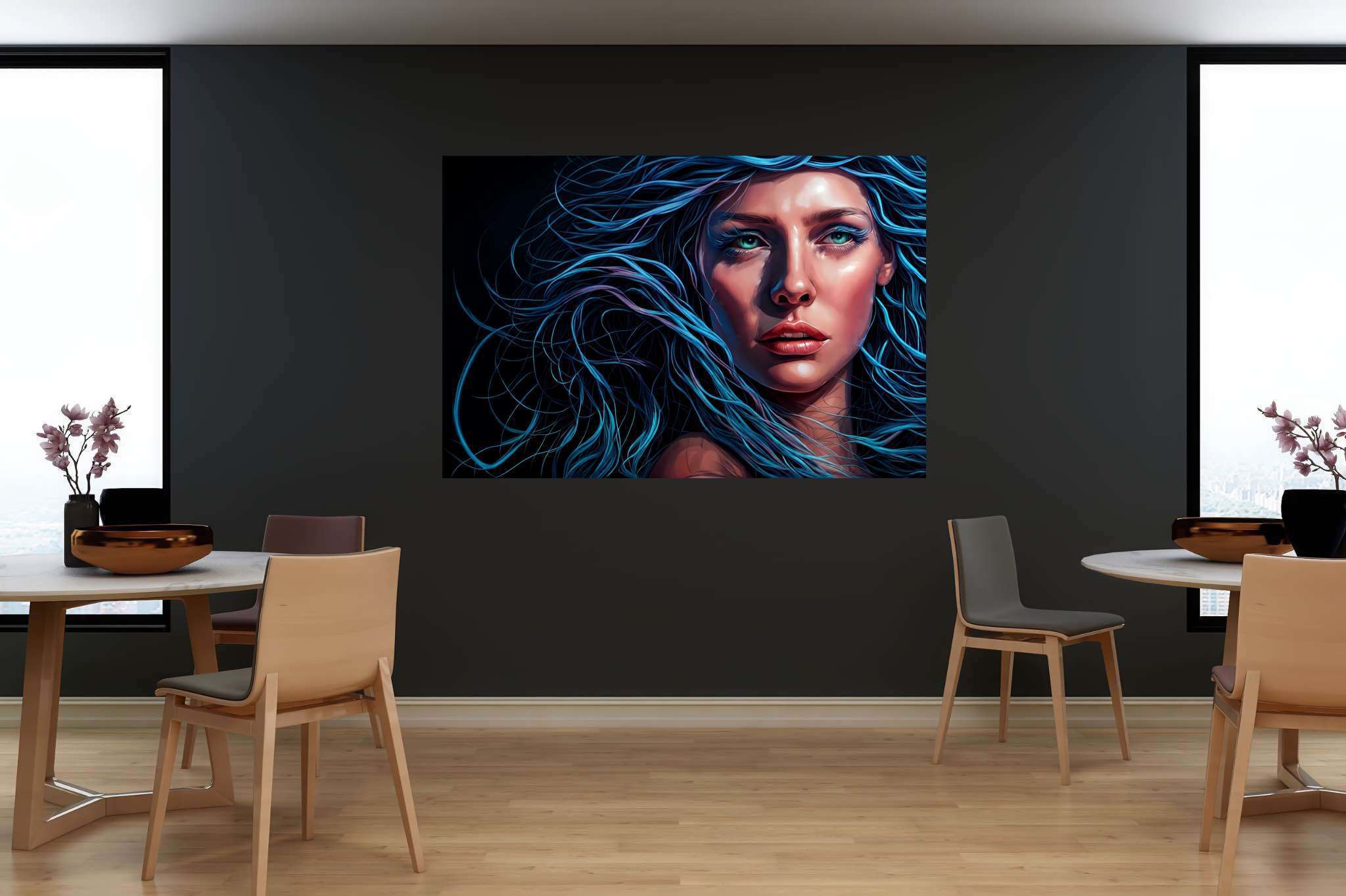 Azure siren's reverie: Surrealistic art with imaginative, in a room with contemporary flair, gallery-quality artwork, and artisan decor. The art can be printed on poster, framed poster, canvas, metal, acrylic or wood, exclusively at WallArtZen. Find this exact print at https://wallartzen.com/waz284