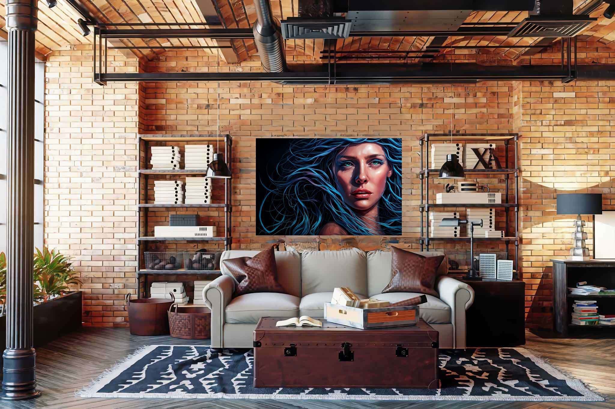 Azure siren's reverie: Surrealistic art with ethereal, in a room with modern style, abstract paintings, and home styling items. The art can be printed on poster, framed poster, canvas, metal, acrylic or wood, exclusively at WallArtZen. Find this exact print at https://wallartzen.com/waz284