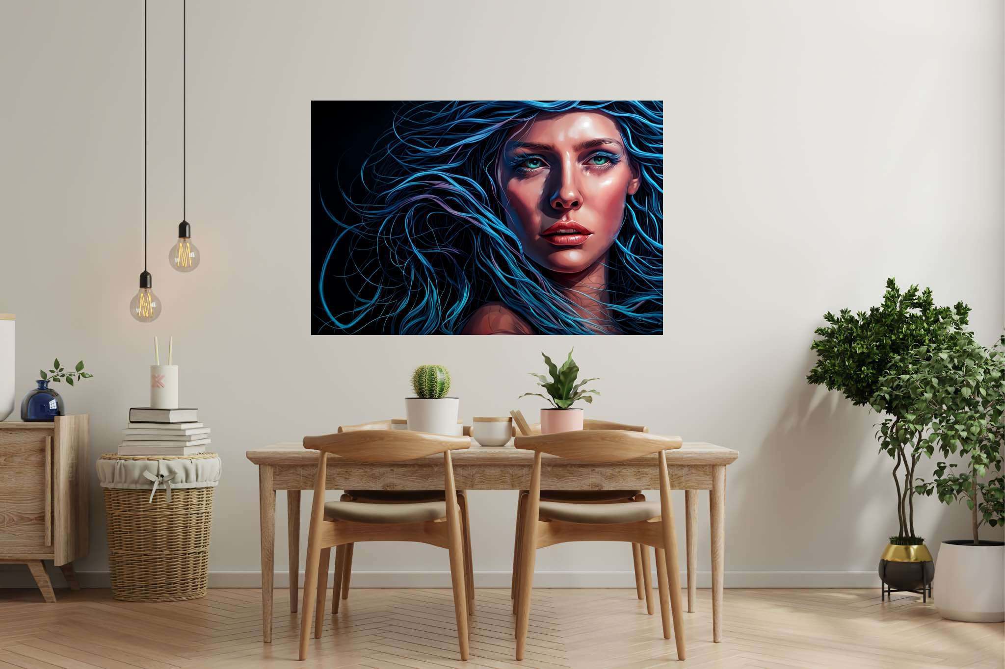 Azure siren's reverie: Surrealistic art with unconventional, in a room with classic elegance, bespoke art designs, and elegant home goods. The art can be printed on poster, framed poster, canvas, metal, acrylic or wood, exclusively at WallArtZen. Find this exact print at https://wallartzen.com/waz284