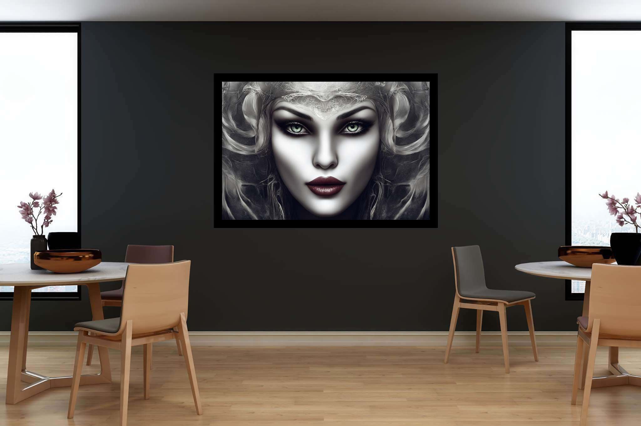Emerald gaze enigma: Surreal woman art with surreal woman art, in a room with urban design, abstract paintings, and elegant home goods. The art can be printed on poster, framed poster, canvas, metal, acrylic or wood, exclusively at WallArtZen. Find this exact print at https://wallartzen.com/waz285
