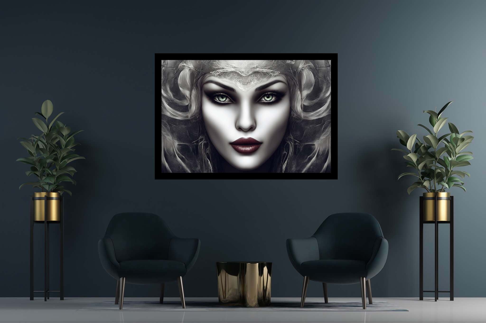 Emerald gaze enigma: Surreal woman art with fantastical women, in a room with urban design, fine art prints, and decorative pieces. The art can be printed on poster, framed poster, canvas, metal, acrylic or wood, exclusively at WallArtZen. Find this exact print at https://wallartzen.com/waz285