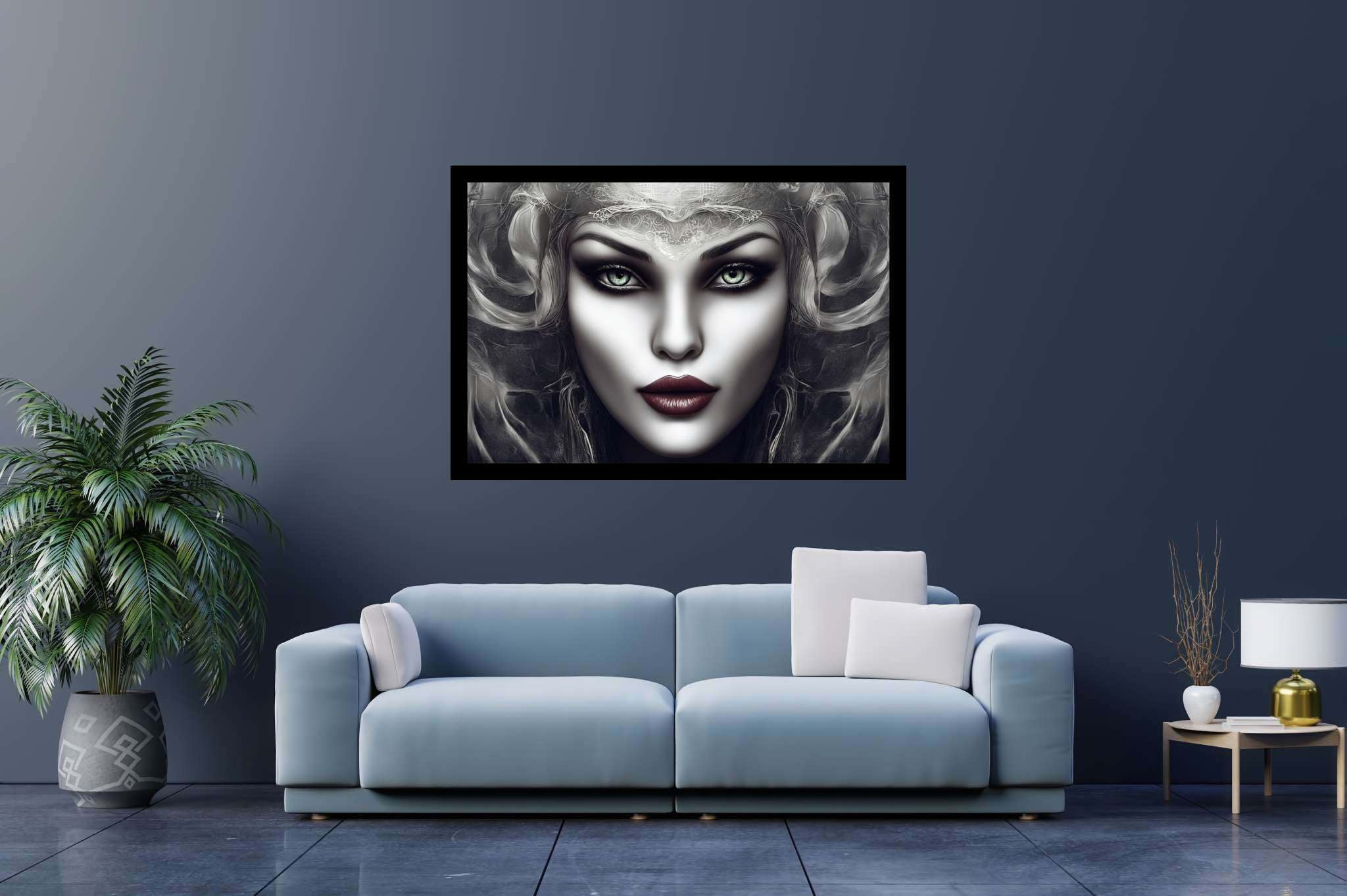 Emerald gaze enigma: Surreal woman art with surrealistic symbolism, in a room with classic elegance, bespoke art designs, and trendy home accents. The art can be printed on poster, framed poster, canvas, metal, acrylic or wood, exclusively at WallArtZen. Find this exact print at https://wallartzen.com/waz285