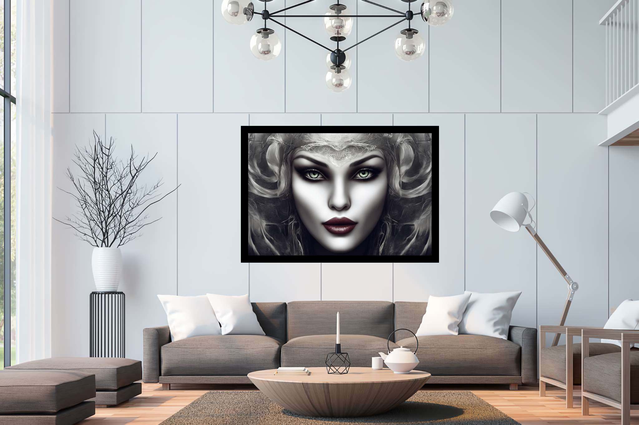 Emerald gaze enigma: Surreal woman art with dreamlike female portraits, in a room with elegant layout, wall hangings, and designer furniture. The art can be printed on poster, framed poster, canvas, metal, acrylic or wood, exclusively at WallArtZen. Find this exact print at https://wallartzen.com/waz285