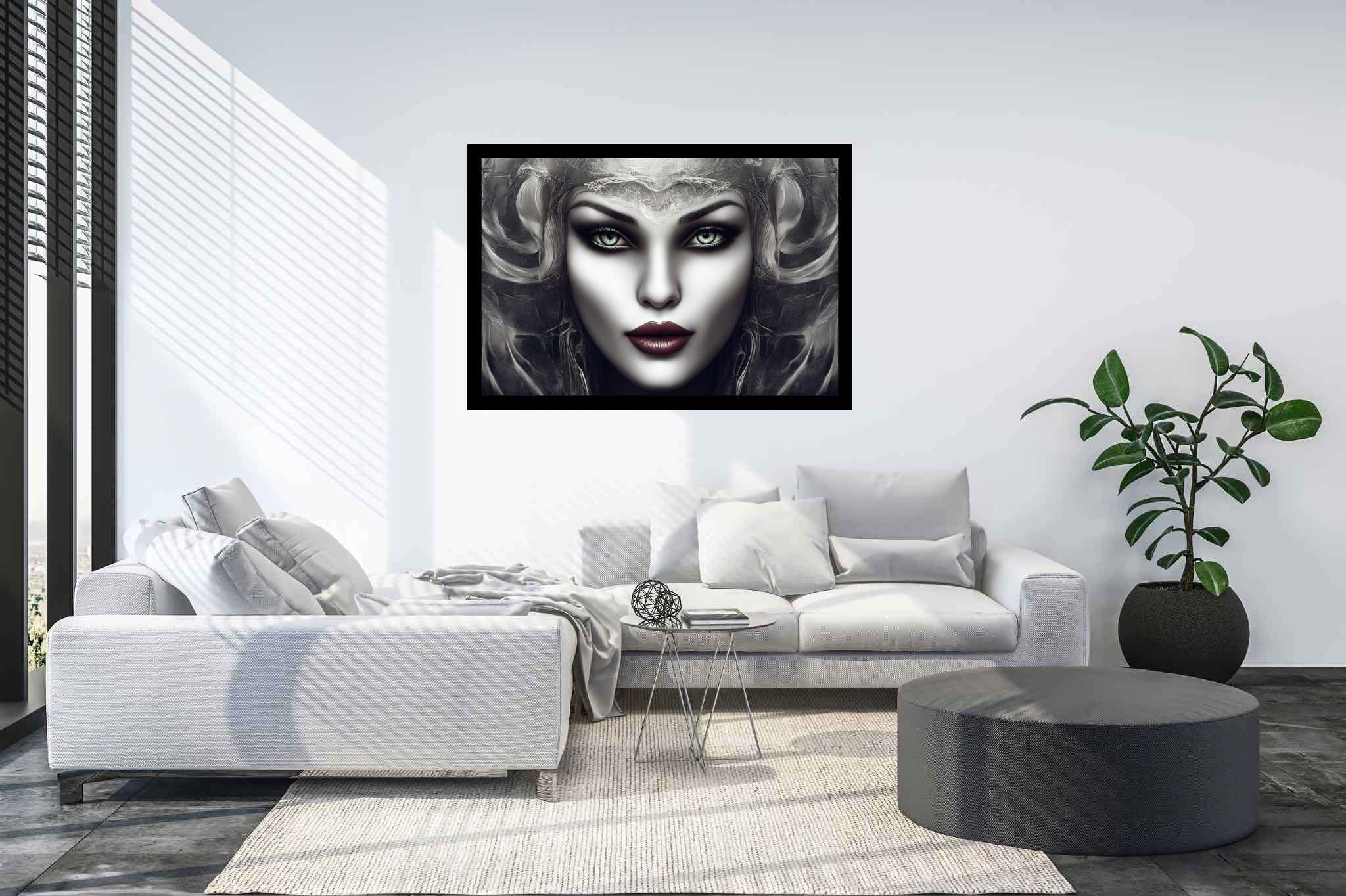 Emerald gaze enigma: Surreal woman art with surreal fantasy, in a room with minimalist approach, fine art prints, and interior decorations. The art can be printed on poster, framed poster, canvas, metal, acrylic or wood, exclusively at WallArtZen. Find this exact print at https://wallartzen.com/waz285