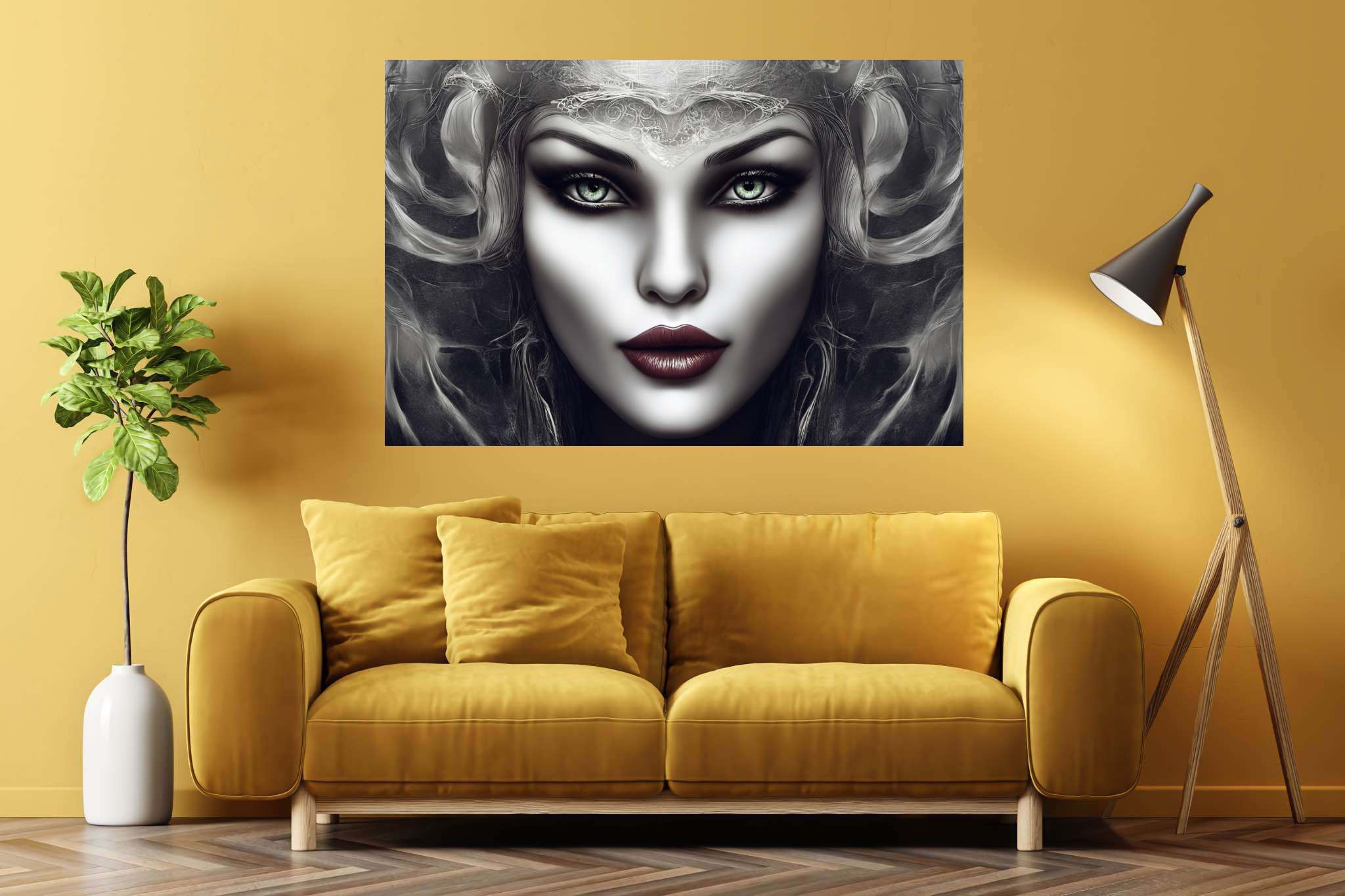 Emerald gaze enigma: Surreal woman art with dreamlike female portraits, in a room with minimalist approach, photographic wall art, and stylish accessories. The art can be printed on poster, framed poster, canvas, metal, acrylic or wood, exclusively at WallArtZen. Find this exact print at https://wallartzen.com/waz285