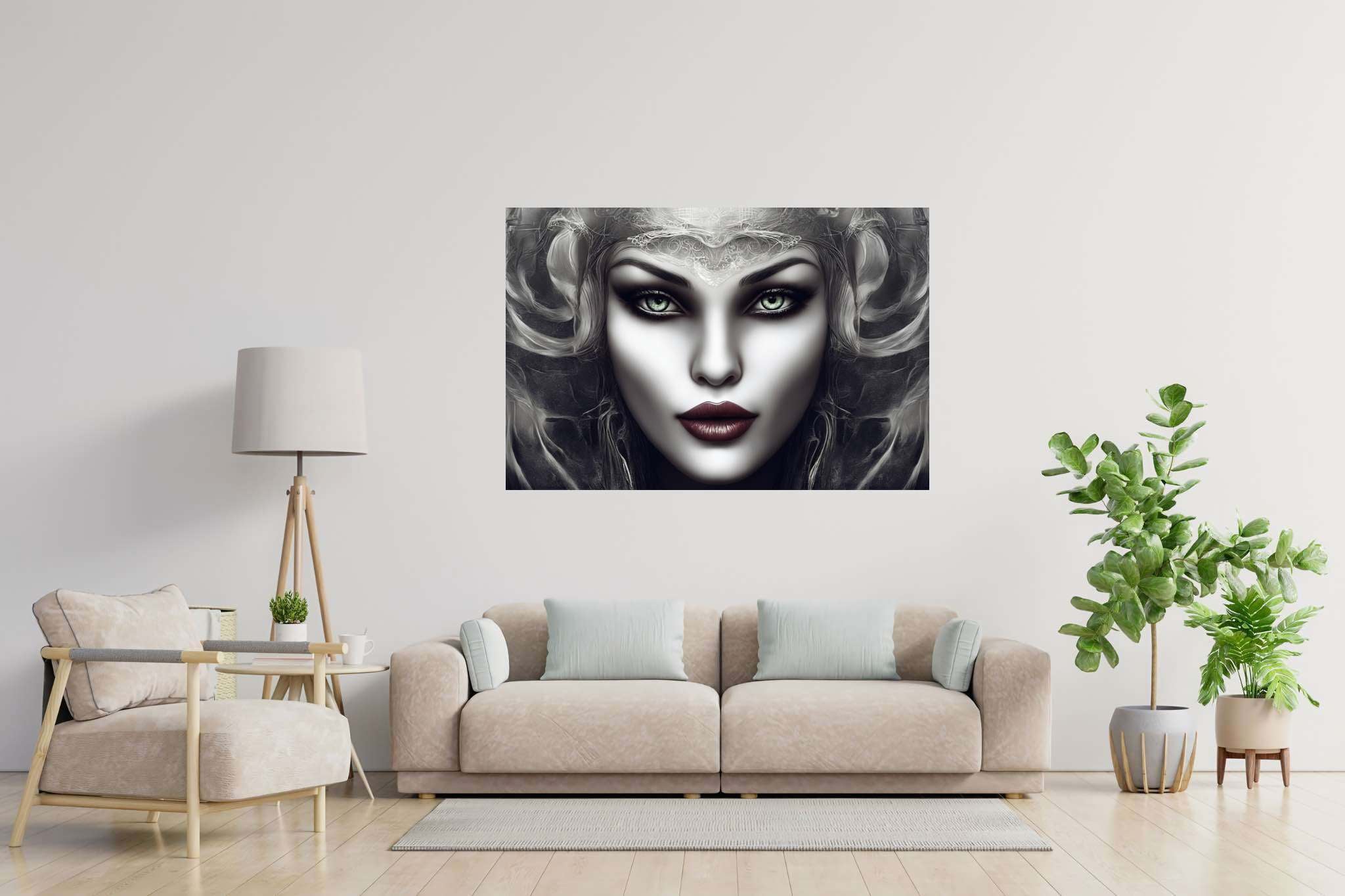 Emerald gaze enigma: Surreal woman art with surreal female figures, in a room with urban design, wall art, and interior decorations. The art can be printed on poster, framed poster, canvas, metal, acrylic or wood, exclusively at WallArtZen. Find this exact print at https://wallartzen.com/waz285