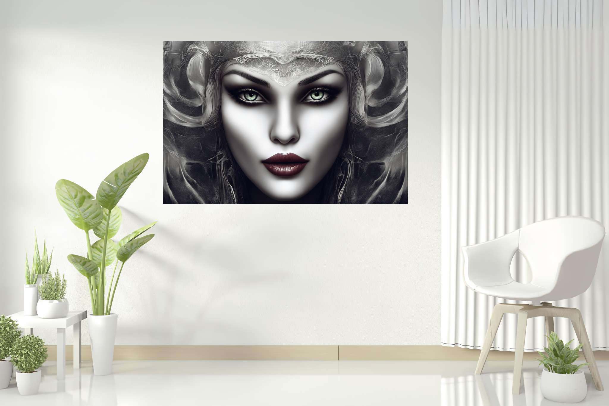 Emerald gaze enigma: Surreal woman art with otherworldly art, in a room with elegant layout, photographic wall art, and home furnishings. The art can be printed on poster, framed poster, canvas, metal, acrylic or wood, exclusively at WallArtZen. Find this exact print at https://wallartzen.com/waz285
