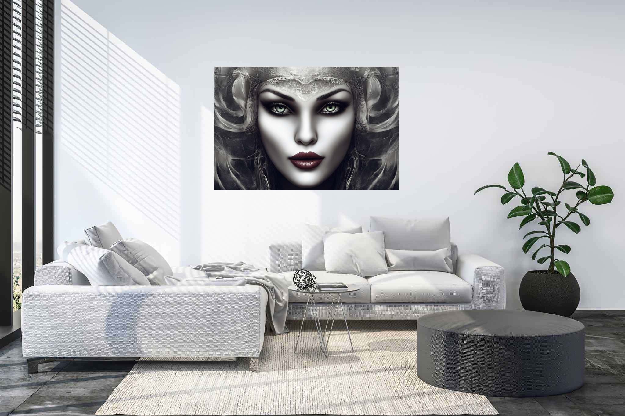 Emerald gaze enigma: Surreal woman art with surrealistic portraits, in a room with great design, wall art, and elegant home goods. The art can be printed on poster, framed poster, canvas, metal, acrylic or wood, exclusively at WallArtZen. Find this exact print at https://wallartzen.com/waz285