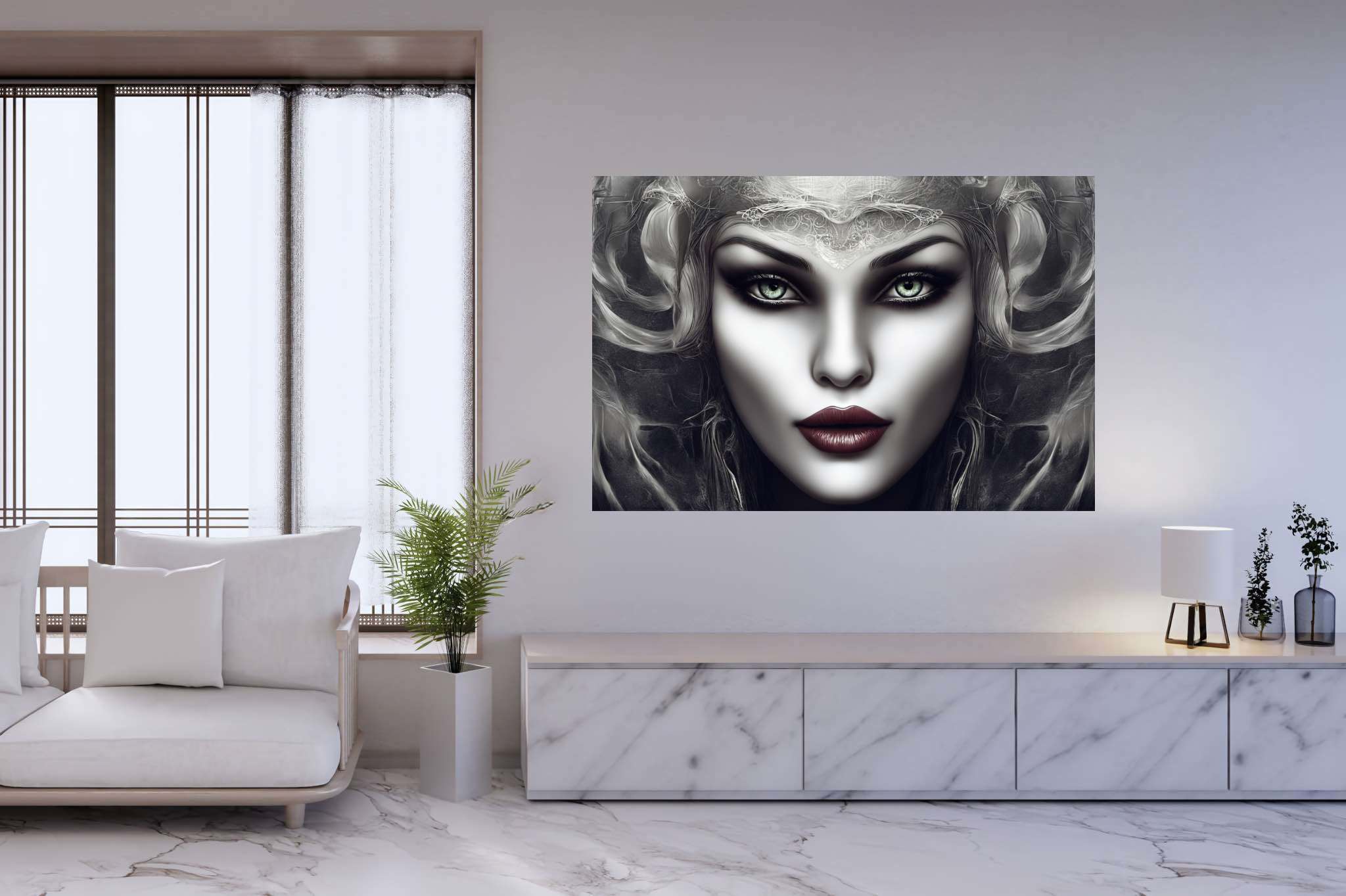 Emerald gaze enigma: Surreal woman art with surrealistic portraits, in a room with modern style, canvas prints, and artisan decor. The art can be printed on poster, framed poster, canvas, metal, acrylic or wood, exclusively at WallArtZen. Find this exact print at https://wallartzen.com/waz285