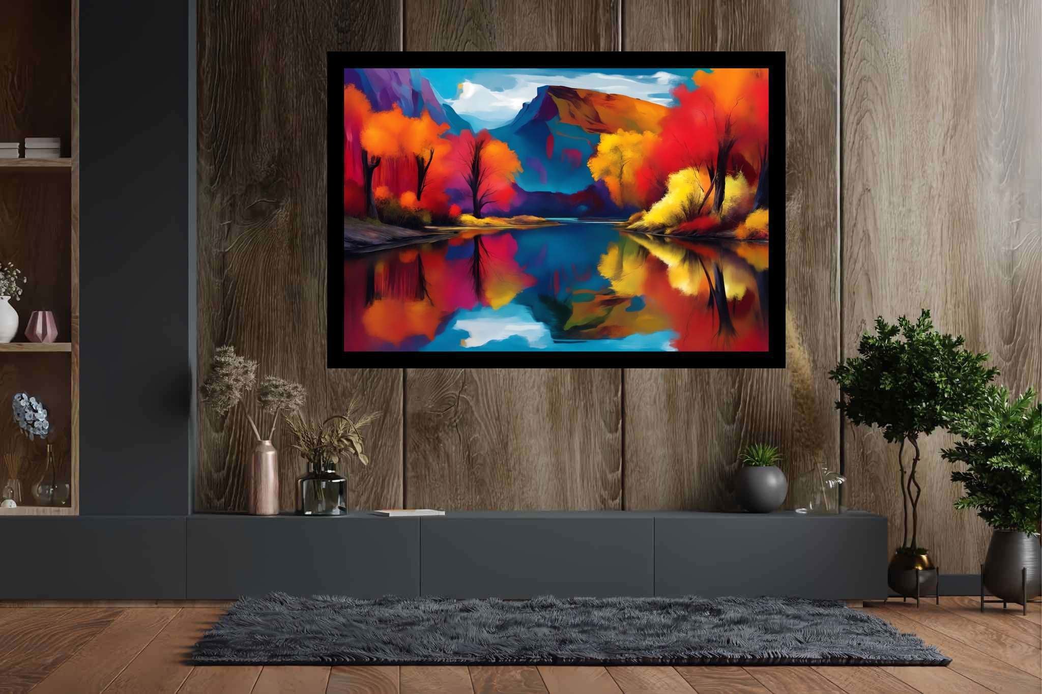 Rivertime serenade: Scenic art with natural scenery, in a room with chic decor, fine art prints, and home furnishings. The art can be printed on poster, framed poster, canvas, metal, acrylic or wood, exclusively at WallArtZen. Find this exact print at https://wallartzen.com/waz286