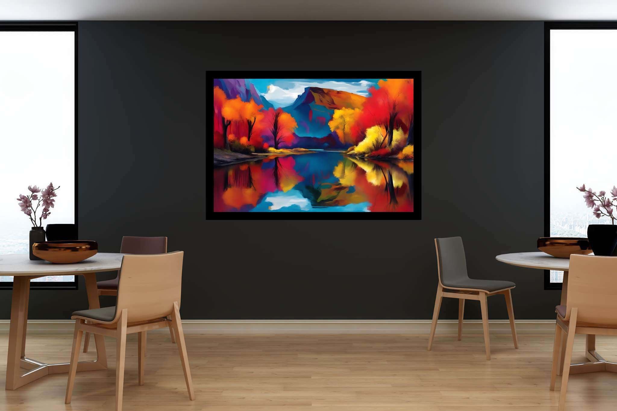 Rivertime serenade: Scenic art with panoramic views, in a room with classic elegance, bespoke art designs, and luxe decor. The art can be printed on poster, framed poster, canvas, metal, acrylic or wood, exclusively at WallArtZen. Find this exact print at https://wallartzen.com/waz286