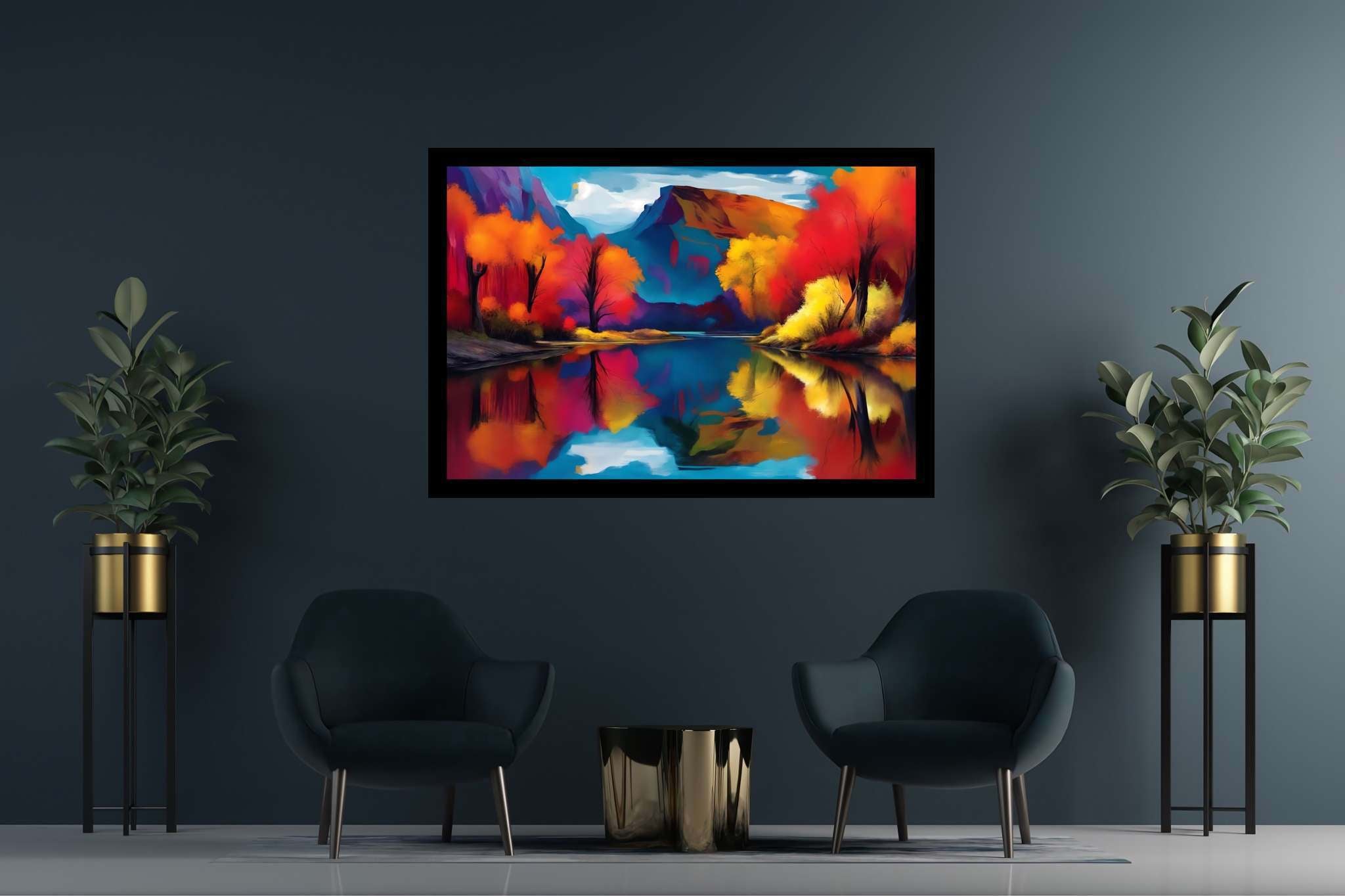 Rivertime serenade: Scenic art with natural scenery, in a room with elegant layout, framed art, and interior decorations. The art can be printed on poster, framed poster, canvas, metal, acrylic or wood, exclusively at WallArtZen. Find this exact print at https://wallartzen.com/waz286