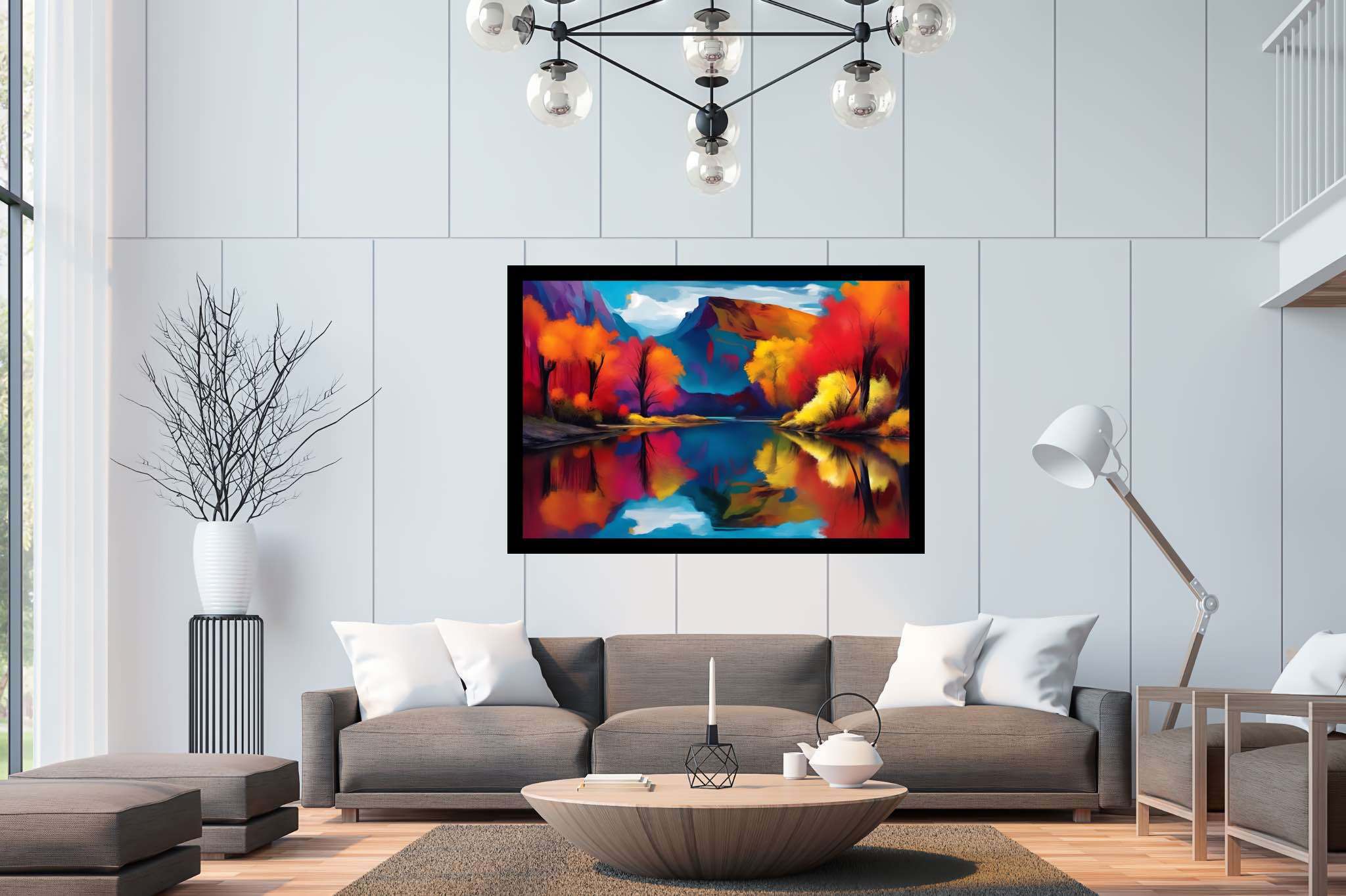 Rivertime serenade: Scenic art with panoramic views, in a room with elegant layout, framed art, and stylish accessories. The art can be printed on poster, framed poster, canvas, metal, acrylic or wood, exclusively at WallArtZen. Find this exact print at https://wallartzen.com/waz286