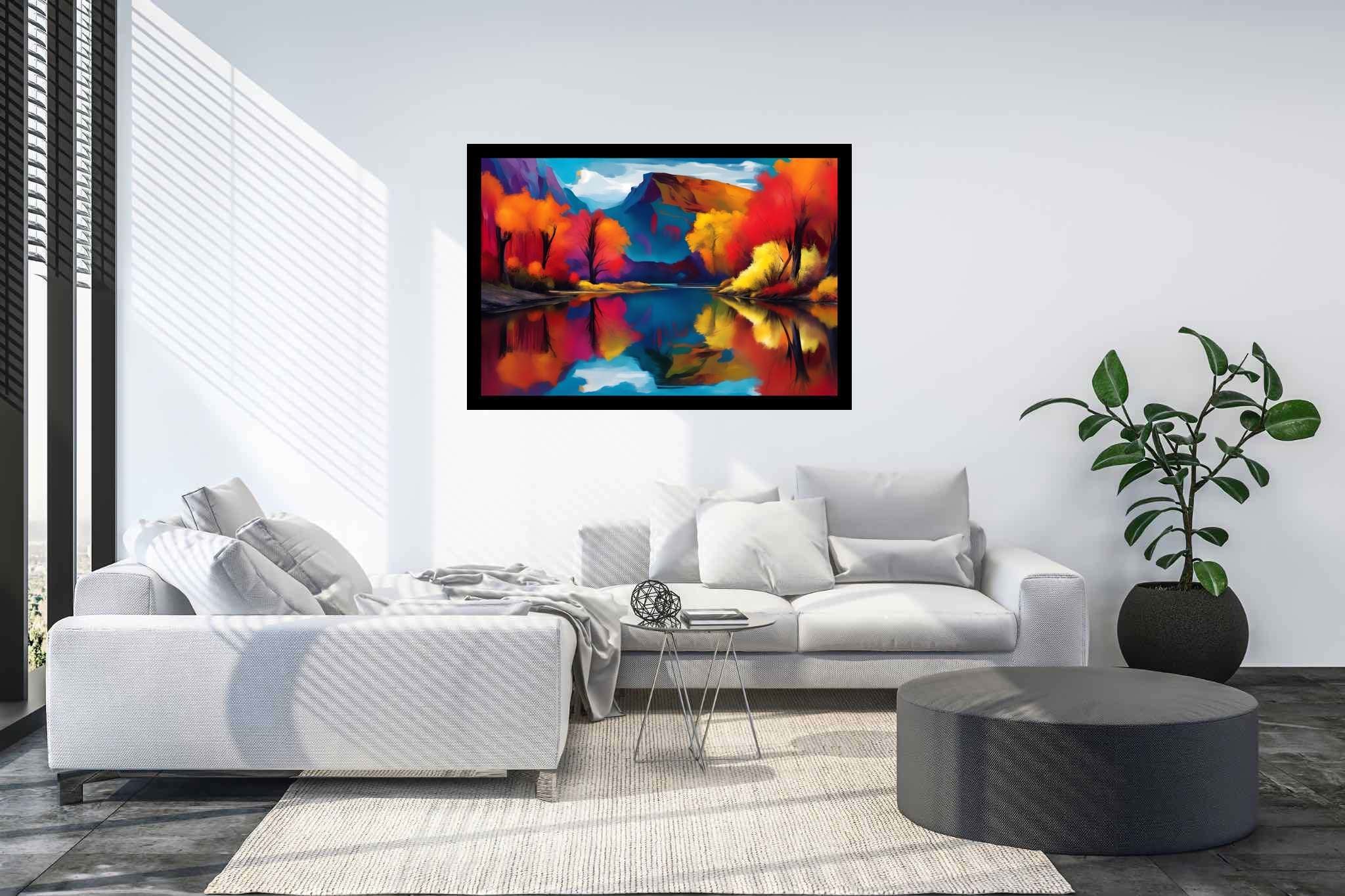 Rivertime serenade: Scenic art with scenic art, in a room with contemporary flair, digital art pieces, and trendy home accents. The art can be printed on poster, framed poster, canvas, metal, acrylic or wood, exclusively at WallArtZen. Find this exact print at https://wallartzen.com/waz286