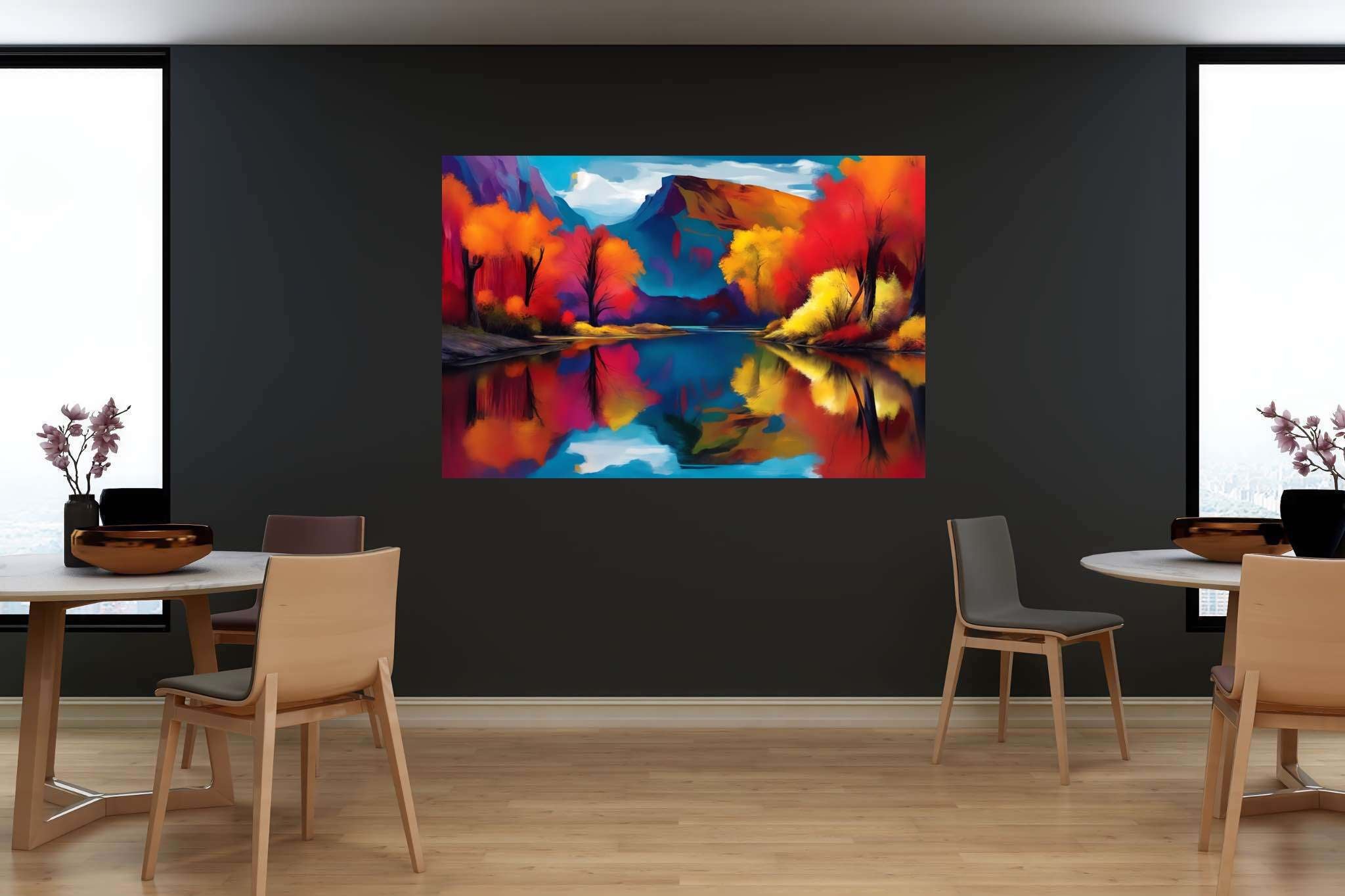 Rivertime serenade: Scenic art with panoramic views, in a room with chic decor, gallery-quality artwork, and stylish accessories. The art can be printed on poster, framed poster, canvas, metal, acrylic or wood, exclusively at WallArtZen. Find this exact print at https://wallartzen.com/waz286