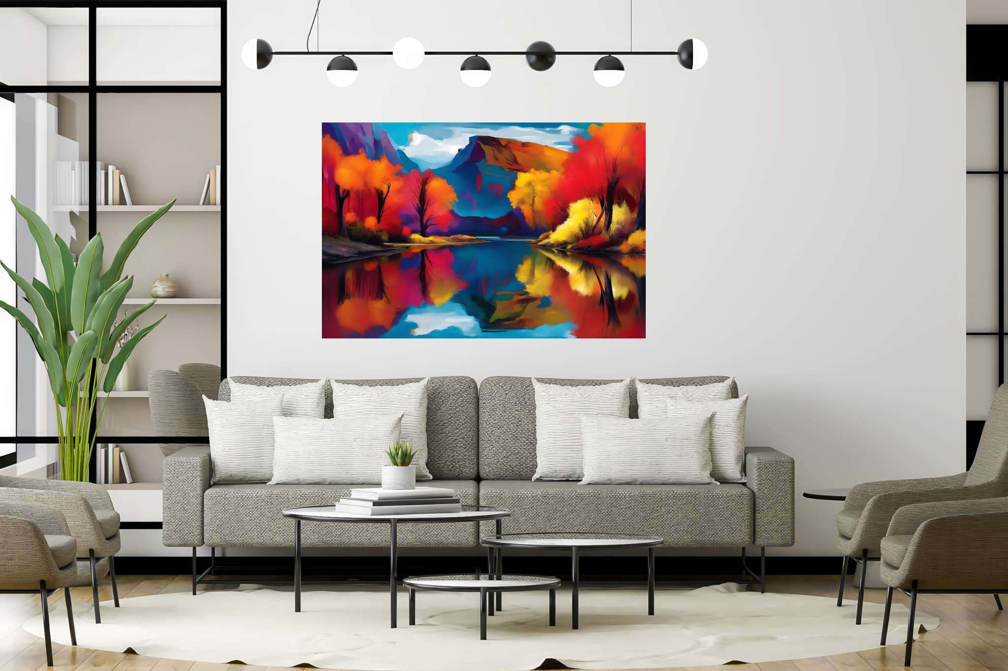 Rivertime serenade: Scenic art with natural scenery, in a room with minimalist approach, mural artworks, and decorative pieces. The art can be printed on poster, framed poster, canvas, metal, acrylic or wood, exclusively at WallArtZen. Find this exact print at https://wallartzen.com/waz286