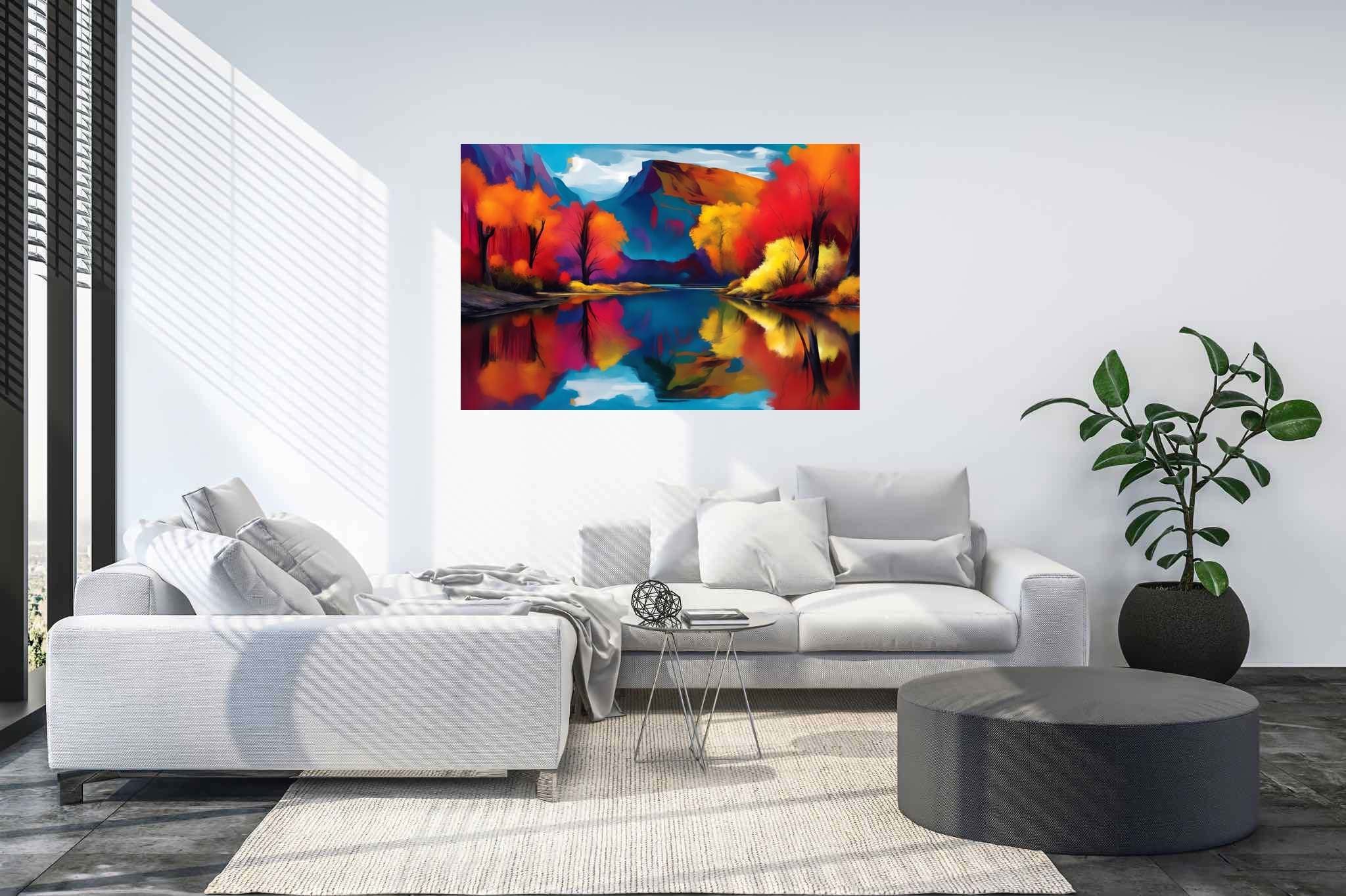 Rivertime serenade: Scenic art with scenic beauty, in a room with chic decor, photographic wall art, and home styling items. The art can be printed on poster, framed poster, canvas, metal, acrylic or wood, exclusively at WallArtZen. Find this exact print at https://wallartzen.com/waz286