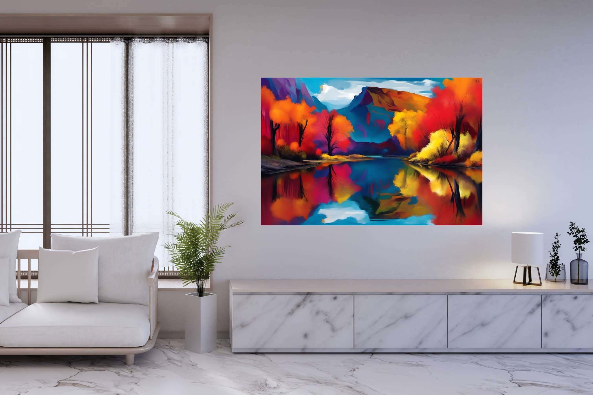 Rivertime serenade: Scenic art with stunning scenery, in a room with chic decor, bespoke art designs, and artisan decor. The art can be printed on poster, framed poster, canvas, metal, acrylic or wood, exclusively at WallArtZen. Find this exact print at https://wallartzen.com/waz286
