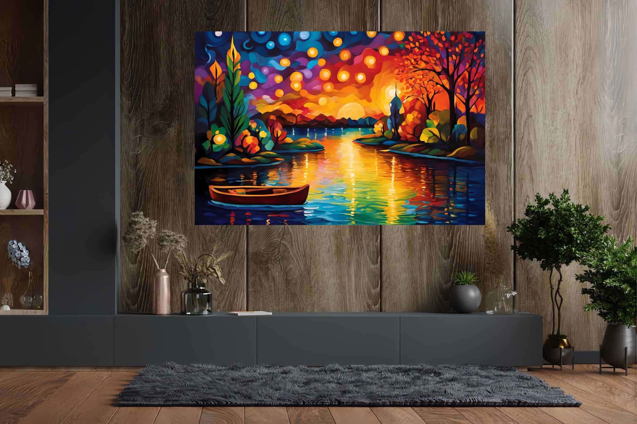 Silent overture of dusk: Serene scene art with calm nature paintings, in a room with modern style, framed art, and interior decorations. The art can be printed on poster, framed poster, canvas, metal, acrylic or wood, exclusively at WallArtZen. Find this exact print at https://wallartzen.com/waz287