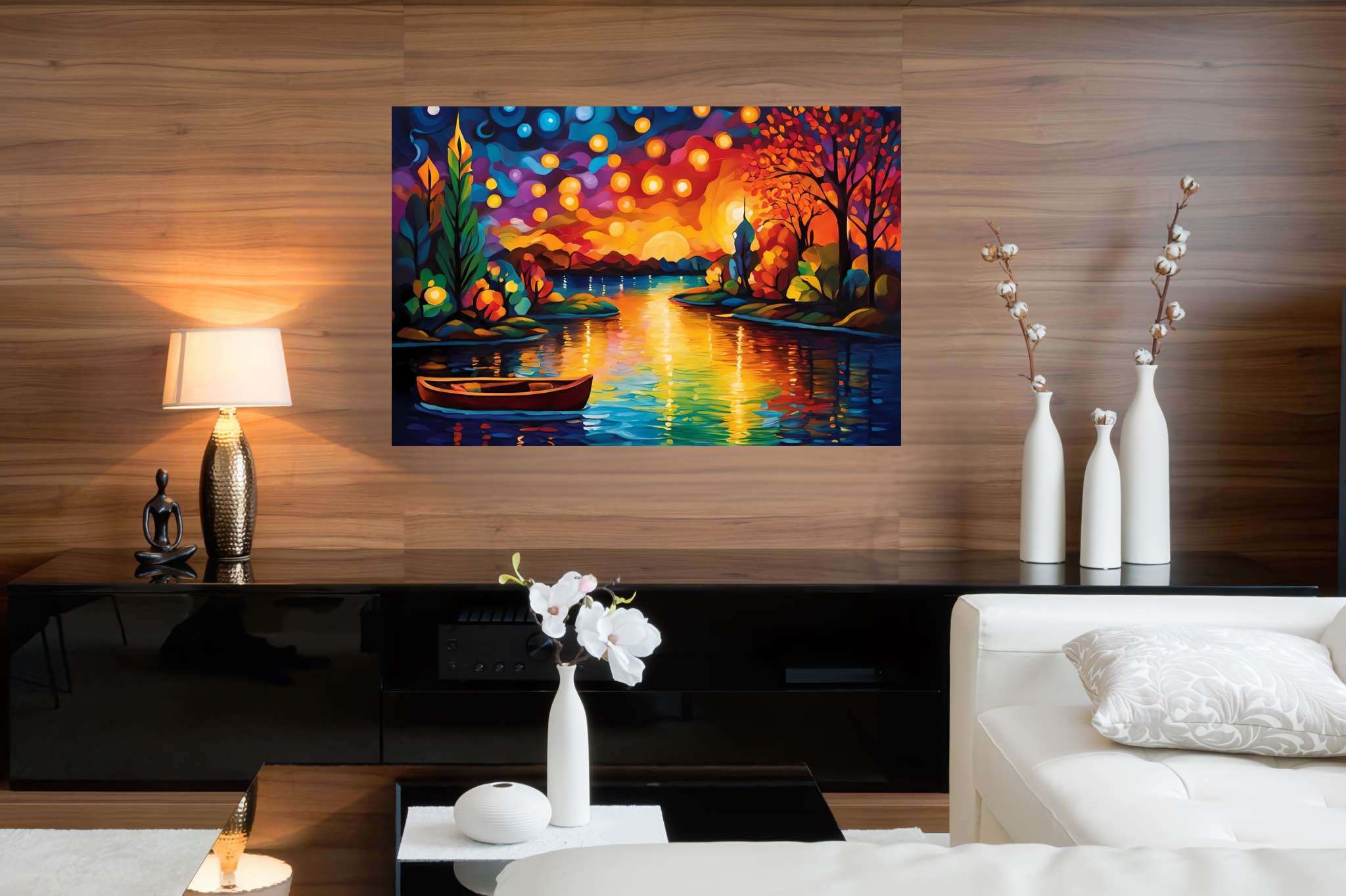 Silent overture of dusk: Serene scene art with serene art prints, in a room with chic decor, digital art pieces, and interior decorations. The art can be printed on poster, framed poster, canvas, metal, acrylic or wood, exclusively at WallArtZen. Find this exact print at https://wallartzen.com/waz287