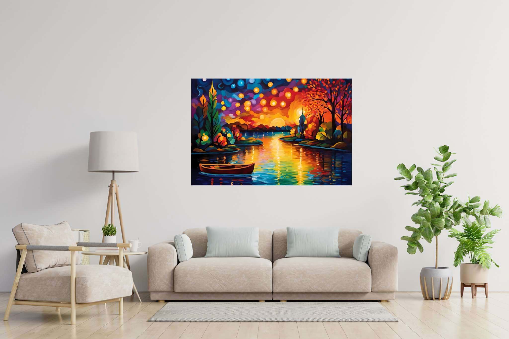 Silent overture of dusk: Serene scene art with peaceful landscape, in a room with great design, gallery-quality artwork, and elegant home goods. The art can be printed on poster, framed poster, canvas, metal, acrylic or wood, exclusively at WallArtZen. Find this exact print at https://wallartzen.com/waz287