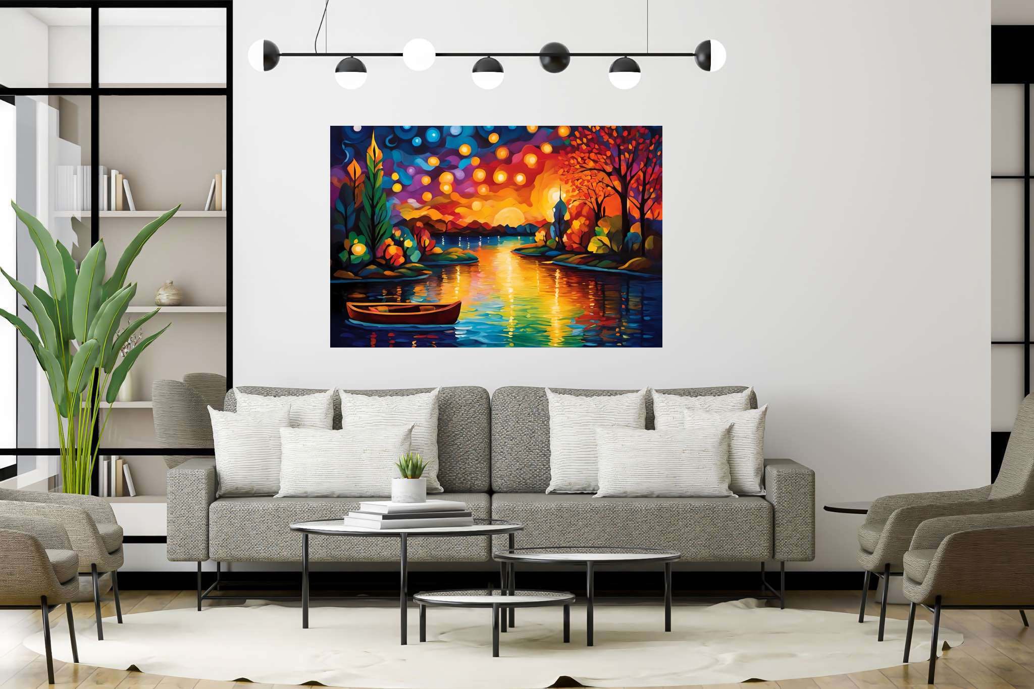 Silent overture of dusk: Serene scene art with serene art prints, in a room with modern style, abstract paintings, and stylish accessories. The art can be printed on poster, framed poster, canvas, metal, acrylic or wood, exclusively at WallArtZen. Find this exact print at https://wallartzen.com/waz287