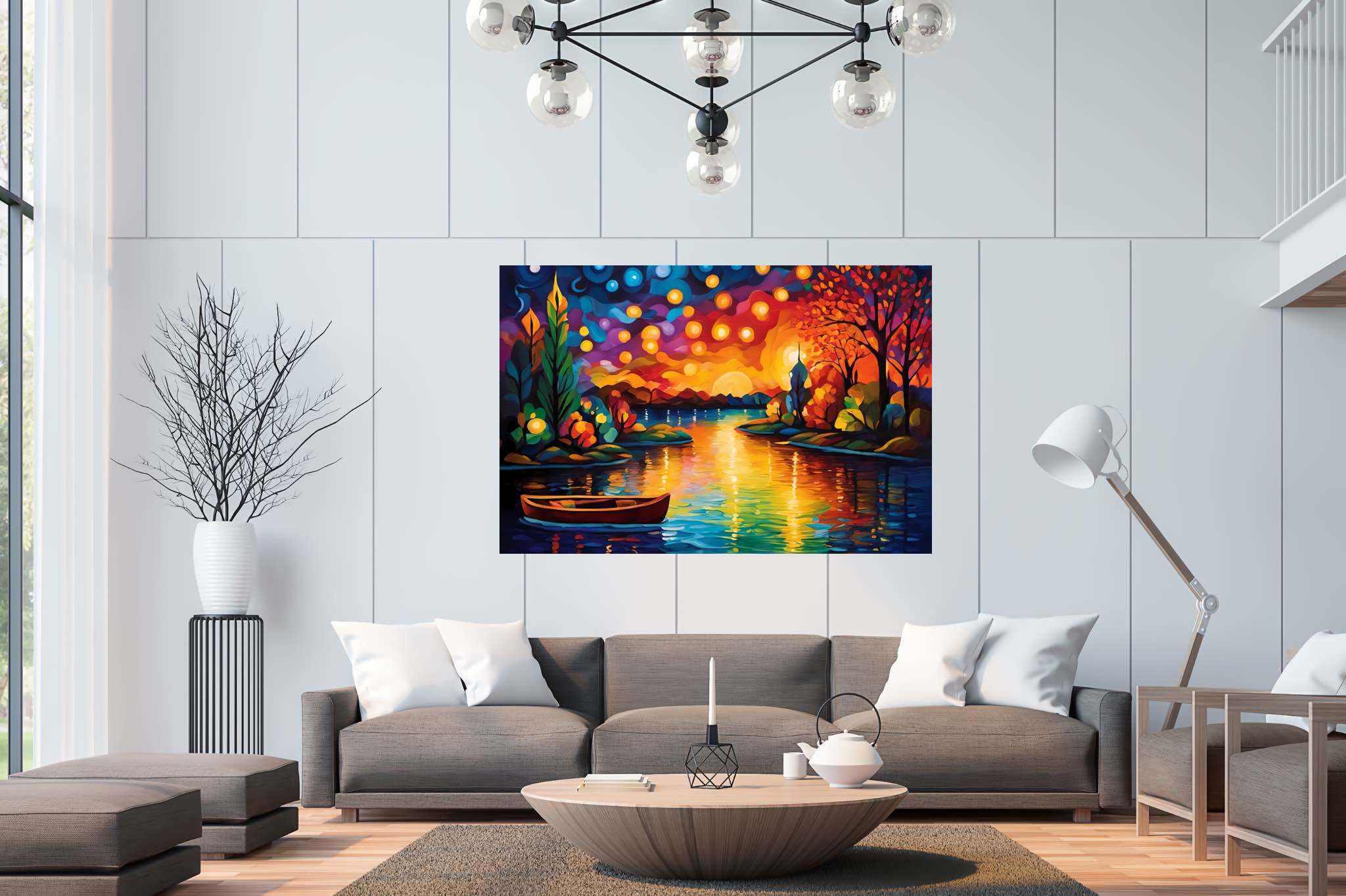 Silent overture of dusk: Serene scene art with peaceful artwork, in a room with great design, abstract paintings, and luxe decor. The art can be printed on poster, framed poster, canvas, metal, acrylic or wood, exclusively at WallArtZen. Find this exact print at https://wallartzen.com/waz287