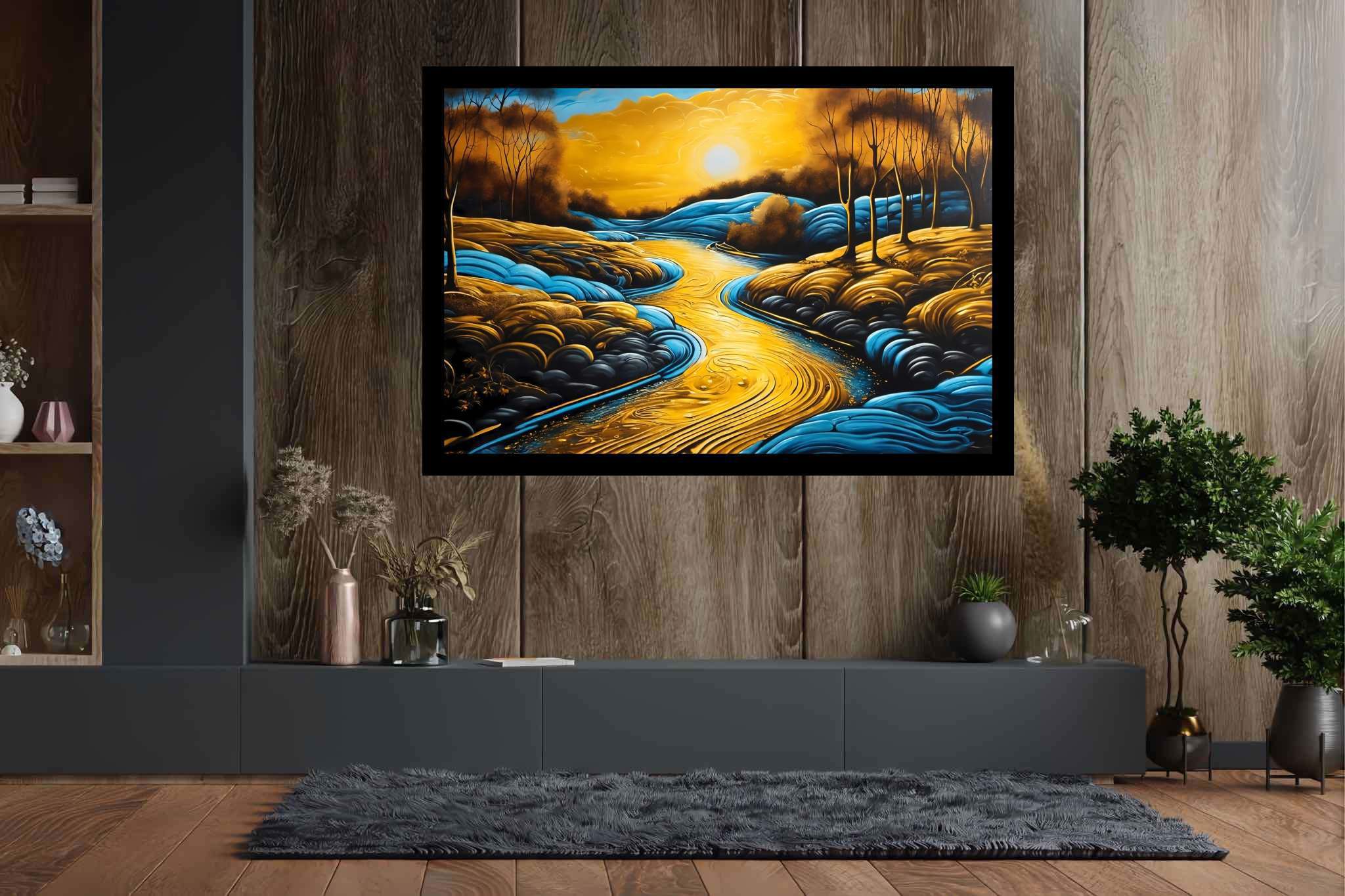 Sunset embrace by eden's bend: Serene landscape art with serene nature artwork, in a room with contemporary flair, abstract paintings, and luxe decor. The art can be printed on poster, framed poster, canvas, metal, acrylic or wood, exclusively at WallArtZen. Find this exact print at https://wallartzen.com/waz288