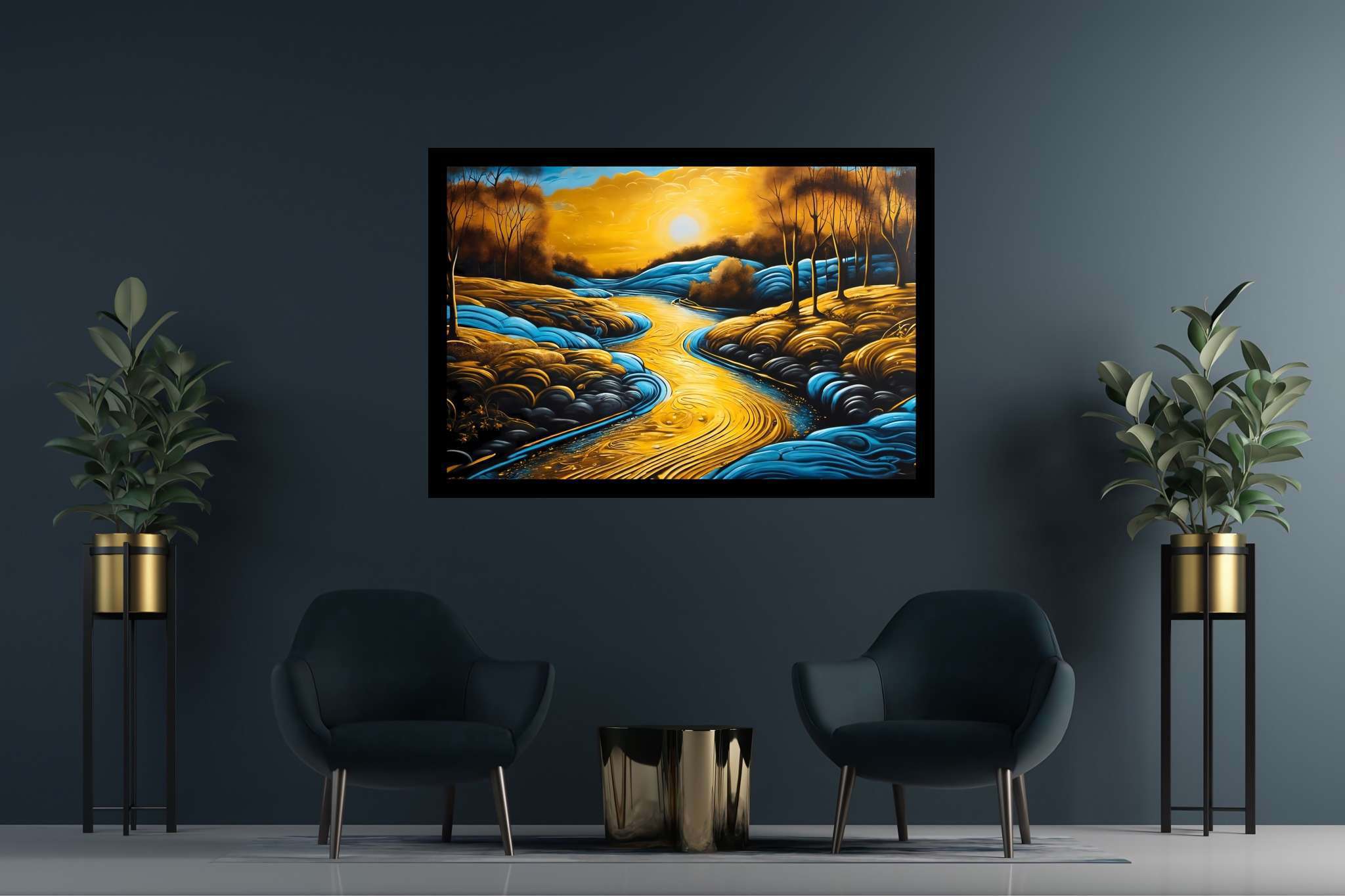Sunset embrace by eden's bend: Serene landscape art with serene landscape prints, in a room with urban design, fine art prints, and designer furniture. The art can be printed on poster, framed poster, canvas, metal, acrylic or wood, exclusively at WallArtZen. Find this exact print at https://wallartzen.com/waz288