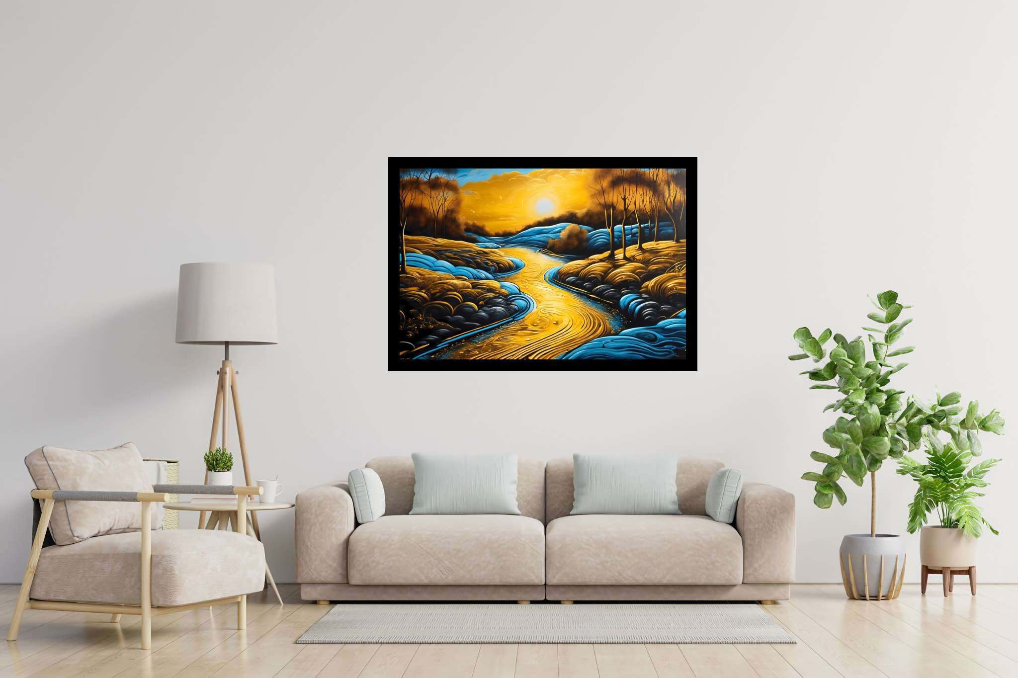 Sunset embrace by eden's bend: Serene landscape art with serene landscape wall decor, in a room with elegant layout, fine art prints, and home furnishings. The art can be printed on poster, framed poster, canvas, metal, acrylic or wood, exclusively at WallArtZen. Find this exact print at https://wallartzen.com/waz288