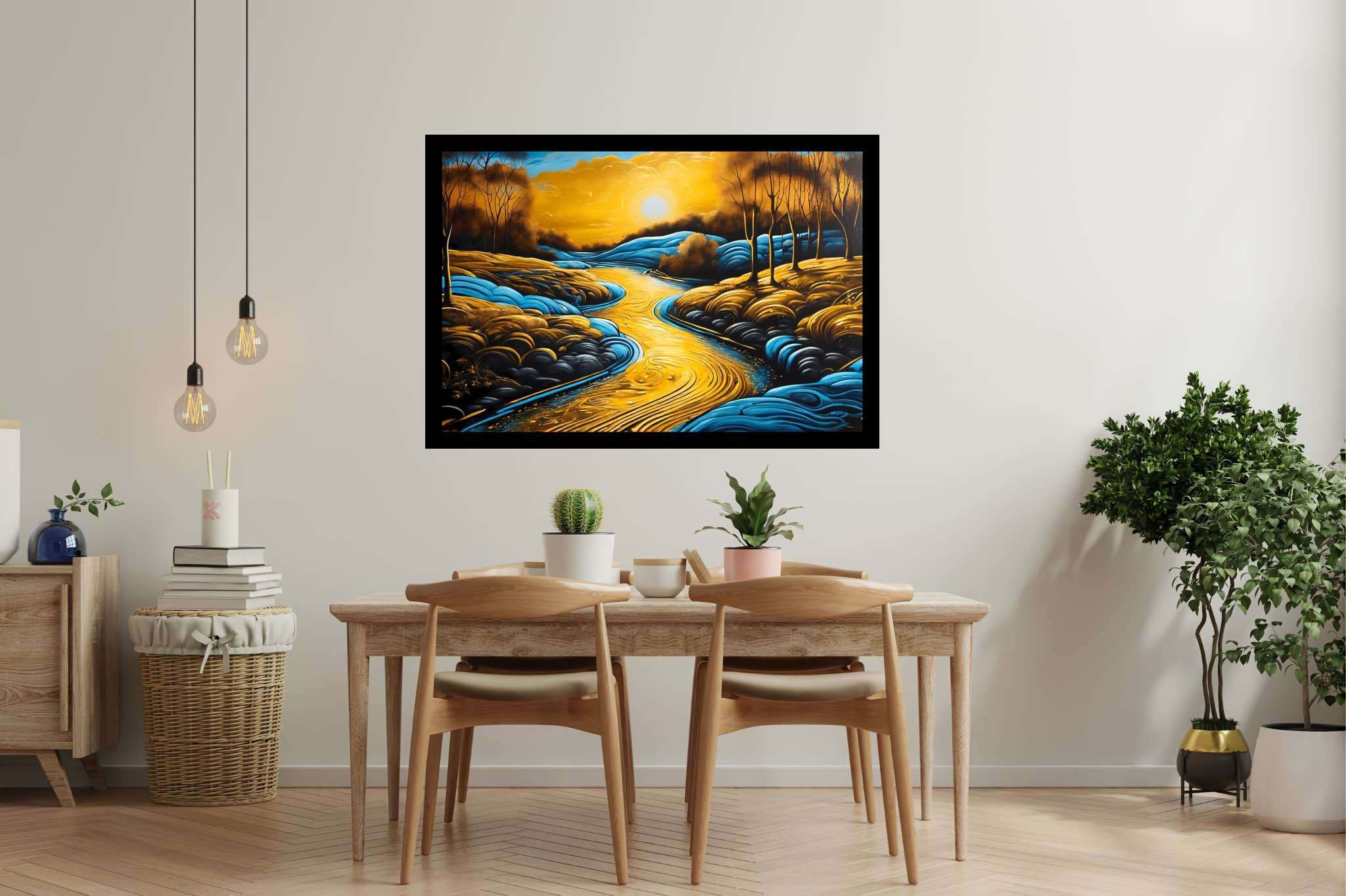 Sunset embrace by eden's bend: Serene landscape art with serene nature artwork, in a room with classic elegance, fine art prints, and luxe decor. The art can be printed on poster, framed poster, canvas, metal, acrylic or wood, exclusively at WallArtZen. Find this exact print at https://wallartzen.com/waz288