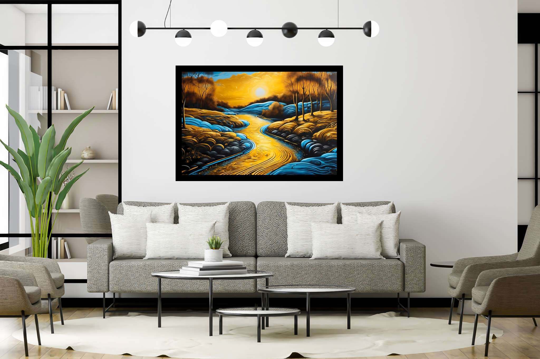 Sunset embrace by eden's bend: Serene landscape art with serene landscape photography, in a room with contemporary flair, mural artworks, and luxe decor. The art can be printed on poster, framed poster, canvas, metal, acrylic or wood, exclusively at WallArtZen. Find this exact print at https://wallartzen.com/waz288
