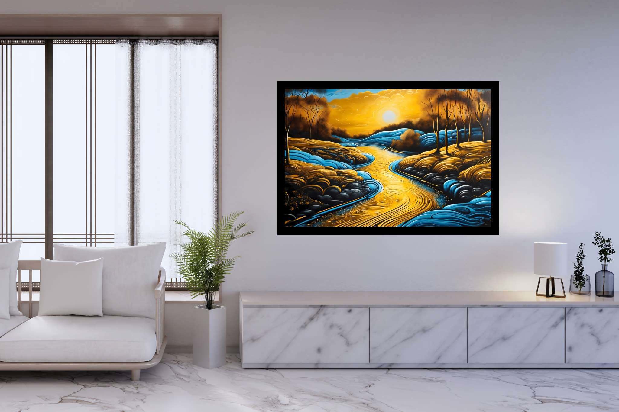 Sunset embrace by eden's bend: Serene landscape art with tranquil landscape drawings, in a room with contemporary flair, wall hangings, and decorative pieces. The art can be printed on poster, framed poster, canvas, metal, acrylic or wood, exclusively at WallArtZen. Find this exact print at https://wallartzen.com/waz288