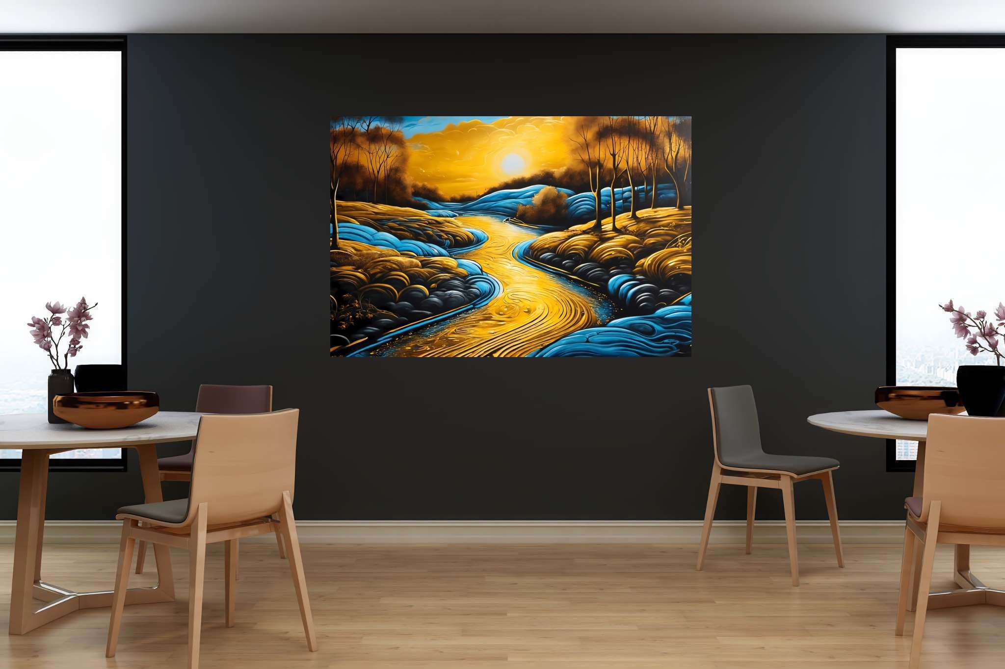 Sunset embrace by eden's bend: Serene landscape art with serene landscape digital art, in a room with classic elegance, wall art, and elegant home goods. The art can be printed on poster, framed poster, canvas, metal, acrylic or wood, exclusively at WallArtZen. Find this exact print at https://wallartzen.com/waz288