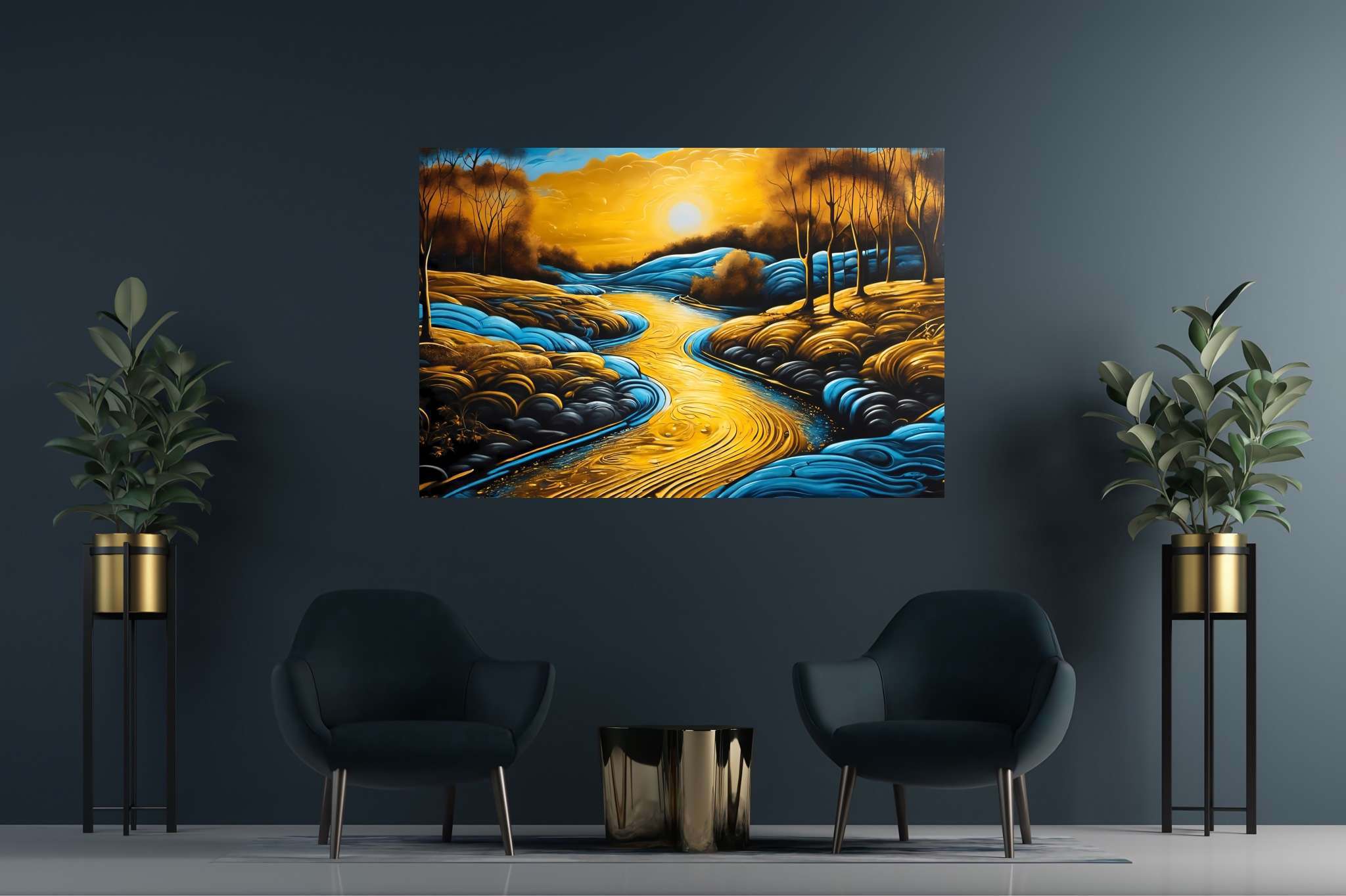 Sunset embrace by eden's bend: Serene landscape art with serene nature artwork, in a room with great design, fine art prints, and artisan decor. The art can be printed on poster, framed poster, canvas, metal, acrylic or wood, exclusively at WallArtZen. Find this exact print at https://wallartzen.com/waz288