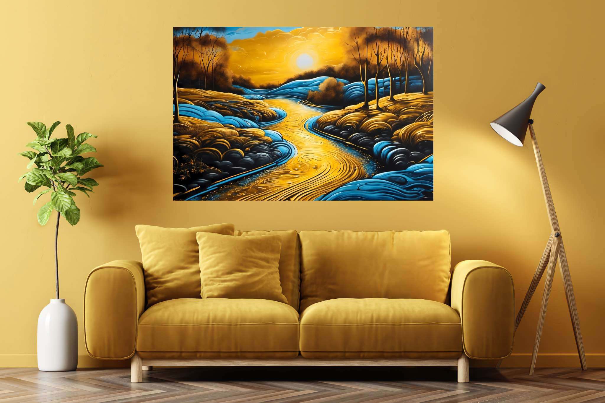 Sunset embrace by eden's bend: Serene landscape art with serene landscape digital art, in a room with elegant layout, canvas prints, and decorative pieces. The art can be printed on poster, framed poster, canvas, metal, acrylic or wood, exclusively at WallArtZen. Find this exact print at https://wallartzen.com/waz288