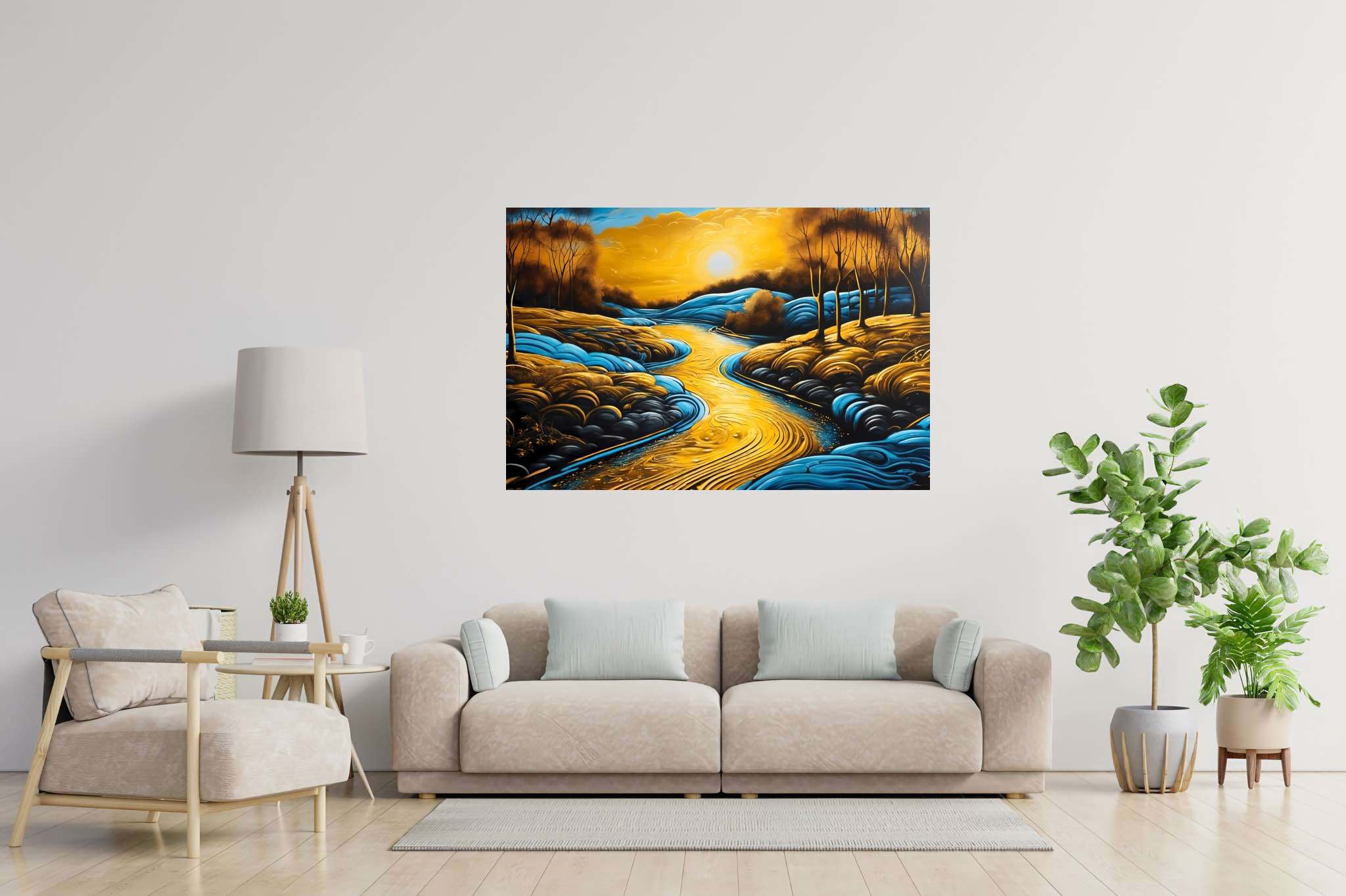 Sunset embrace by eden's bend: Serene landscape art with tranquil landscape drawings, in a room with elegant layout, gallery-quality artwork, and stylish accessories. The art can be printed on poster, framed poster, canvas, metal, acrylic or wood, exclusively at WallArtZen. Find this exact print at https://wallartzen.com/waz288