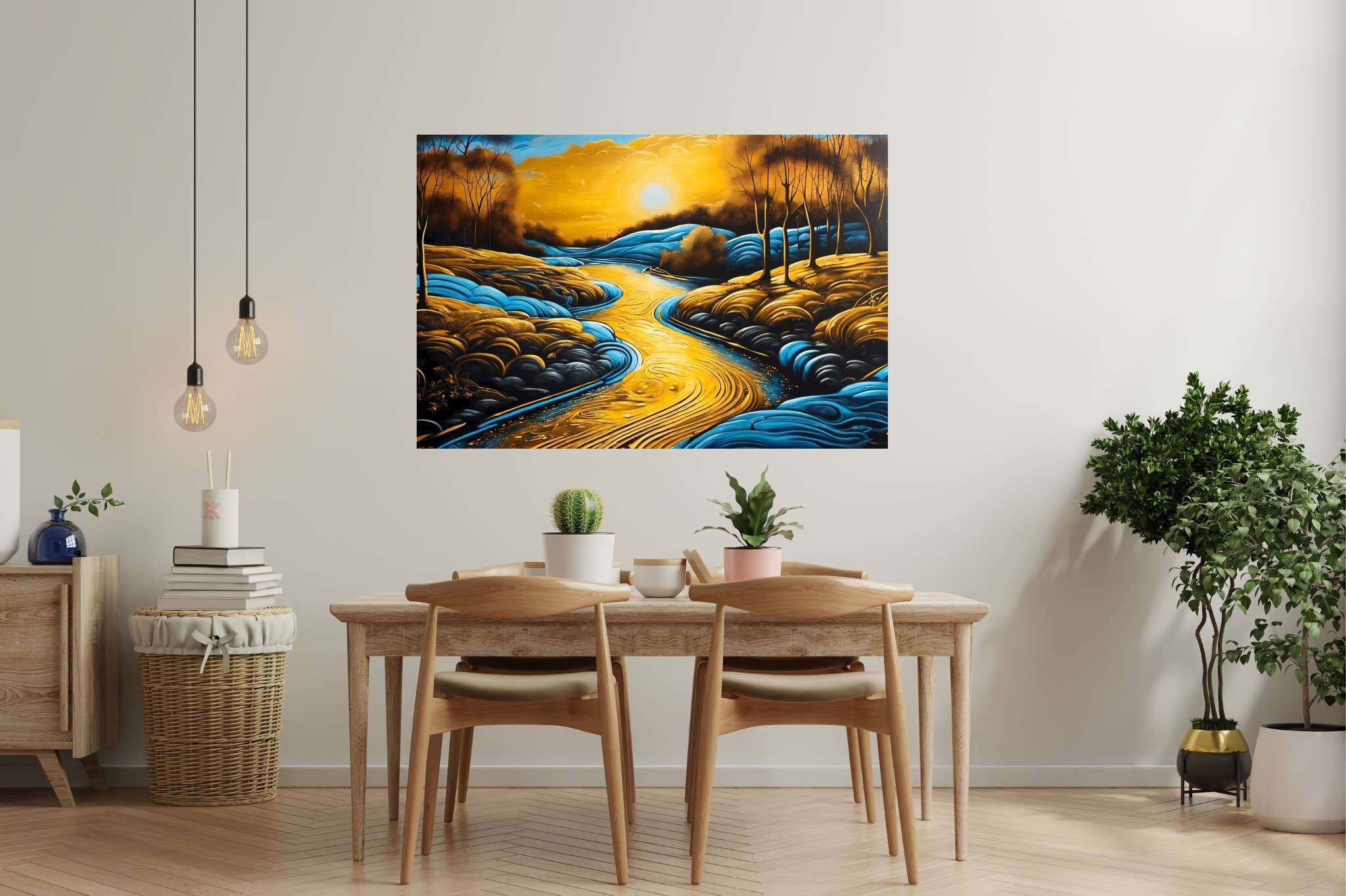 Sunset embrace by eden's bend: Serene landscape art with calming landscape illustrations, in a room with contemporary flair, fine art prints, and home styling items. The art can be printed on poster, framed poster, canvas, metal, acrylic or wood, exclusively at WallArtZen. Find this exact print at https://wallartzen.com/waz288