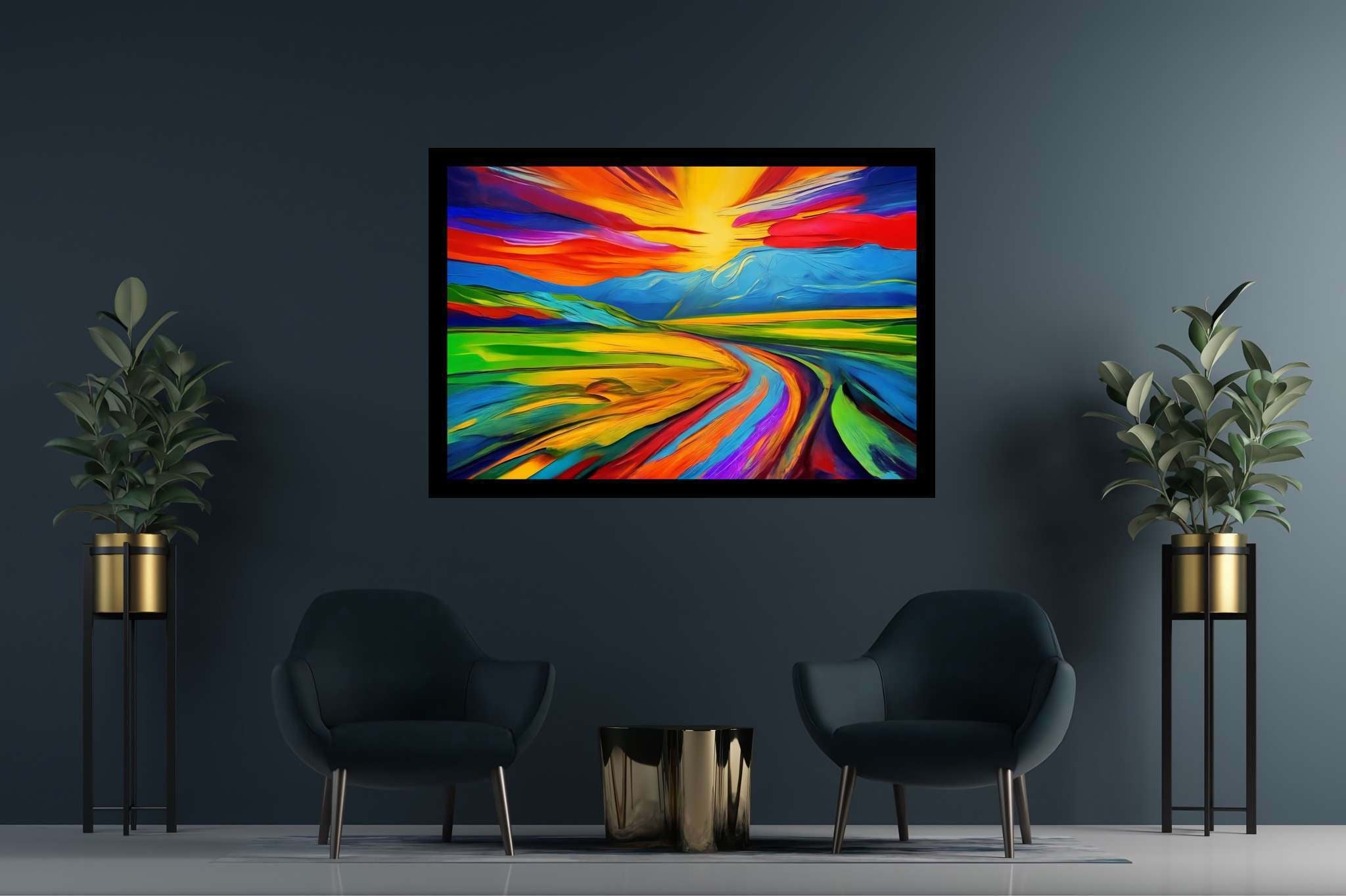 Aurora's veil enchantment: Vibrant sunset art with vibrant nature artwork, in a room with innovative layout, photographic wall art, and elegant home goods. The art can be printed on poster, framed poster, canvas, metal, acrylic or wood, exclusively at WallArtZen. Find this exact print at https://wallartzen.com/waz289