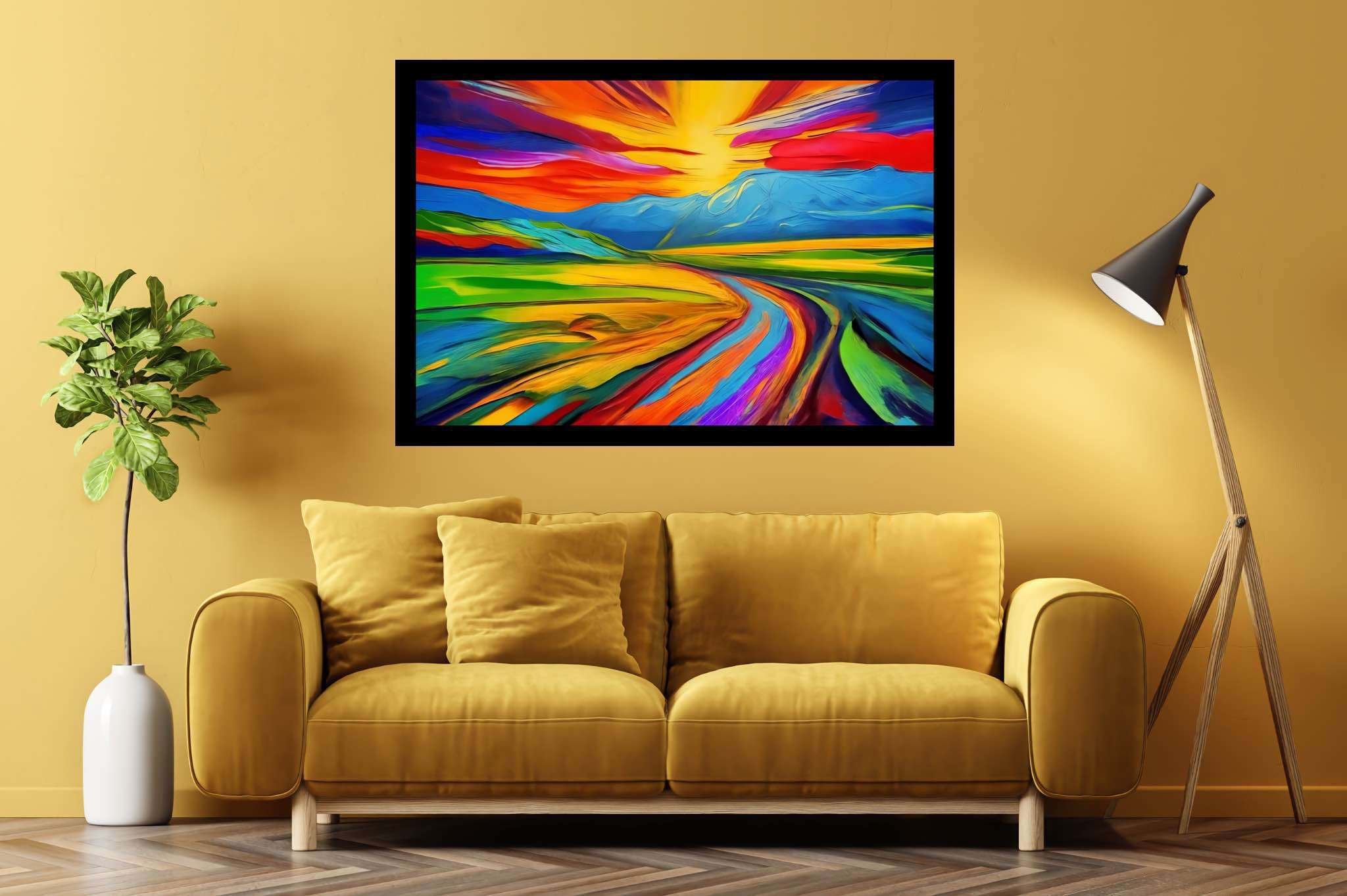 Aurora's veil enchantment: Vibrant sunset art with vivid sunset colors, in a room with classic elegance, bespoke art designs, and luxe decor. The art can be printed on poster, framed poster, canvas, metal, acrylic or wood, exclusively at WallArtZen. Find this exact print at https://wallartzen.com/waz289