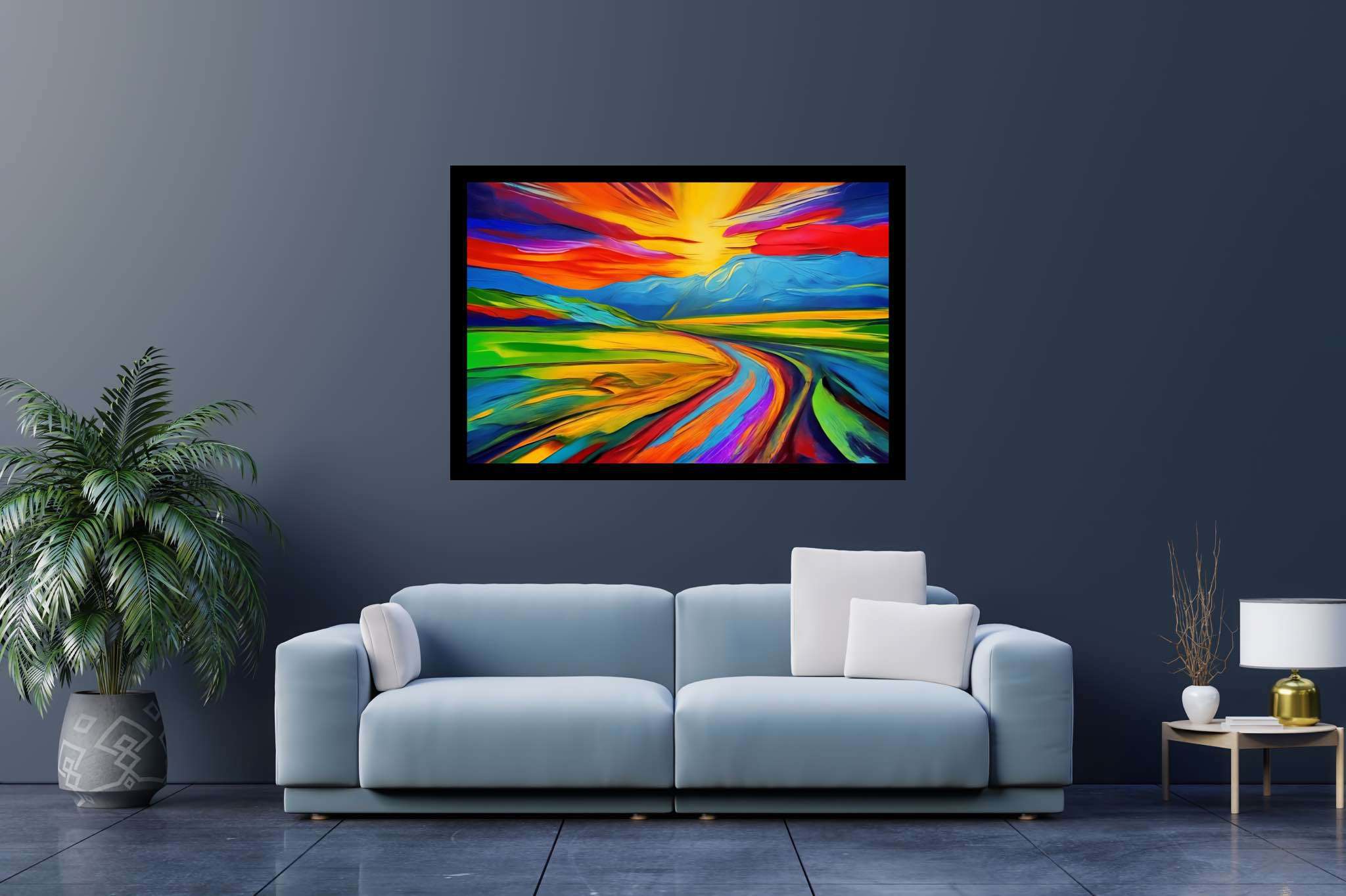 Aurora's veil enchantment: Vibrant sunset art with vibrant sunset art, in a room with contemporary flair, wall art, and decorative pieces. The art can be printed on poster, framed poster, canvas, metal, acrylic or wood, exclusively at WallArtZen. Find this exact print at https://wallartzen.com/waz289