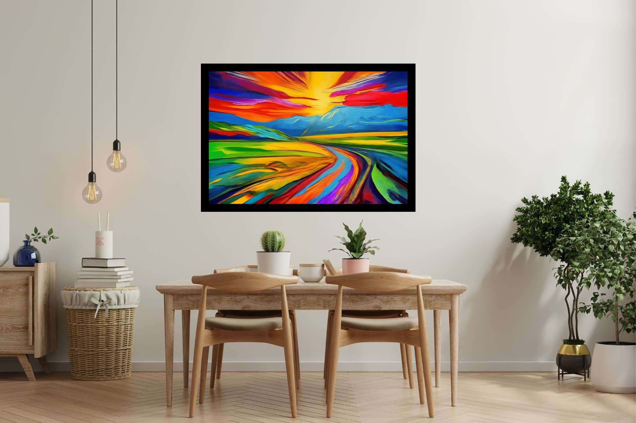 Aurora's veil enchantment: Vibrant sunset art with vibrant nature-inspired artwork, in a room with innovative layout, mural artworks, and decorative pieces. The art can be printed on poster, framed poster, canvas, metal, acrylic or wood, exclusively at WallArtZen. Find this exact print at https://wallartzen.com/waz289