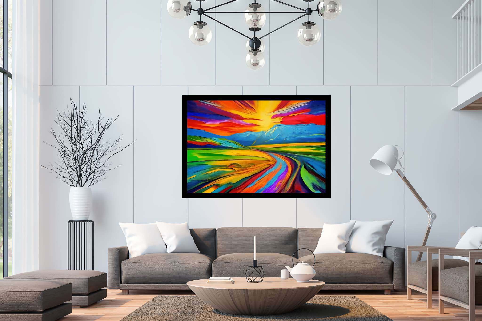 Aurora's veil enchantment: Vibrant sunset art with vivid sunset colors, in a room with urban design, framed art, and artisan decor. The art can be printed on poster, framed poster, canvas, metal, acrylic or wood, exclusively at WallArtZen. Find this exact print at https://wallartzen.com/waz289