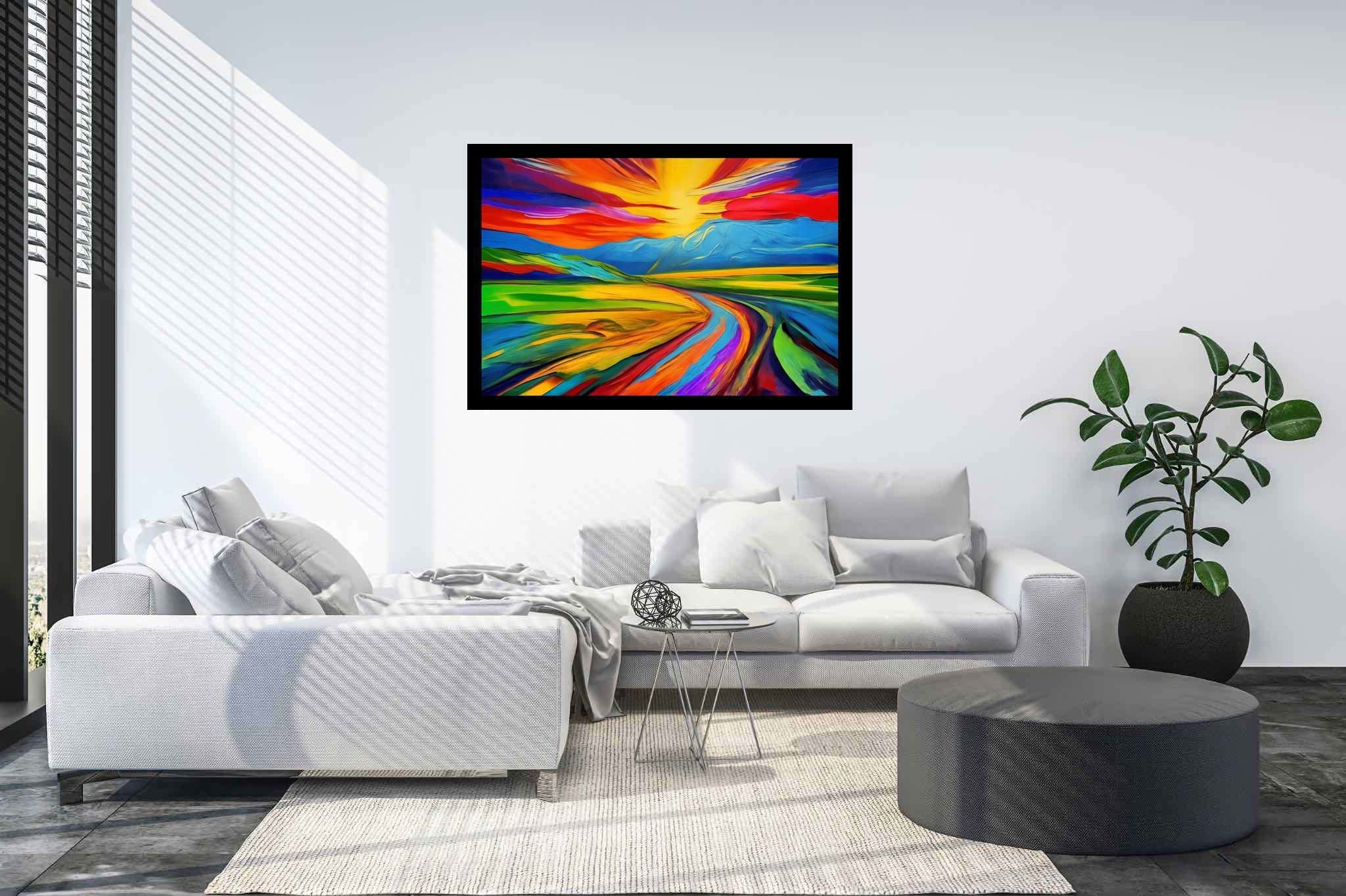 Aurora's veil enchantment: Vibrant sunset art with vibrant scenic views, in a room with modern style, wall art, and elegant home goods. The art can be printed on poster, framed poster, canvas, metal, acrylic or wood, exclusively at WallArtZen. Find this exact print at https://wallartzen.com/waz289