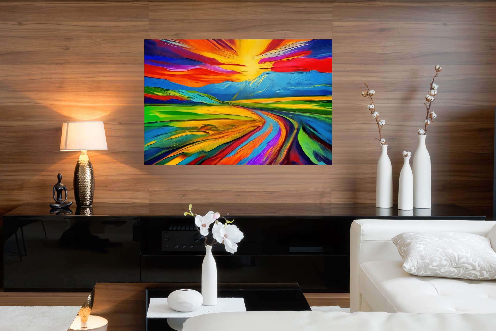 Aurora's veil enchantment: Vibrant sunset art with vibrant scenic views, in a room with artistic style, bespoke art designs, and home furnishings. The art can be printed on poster, framed poster, canvas, metal, acrylic or wood, exclusively at WallArtZen. Find this exact print at https://wallartzen.com/waz289