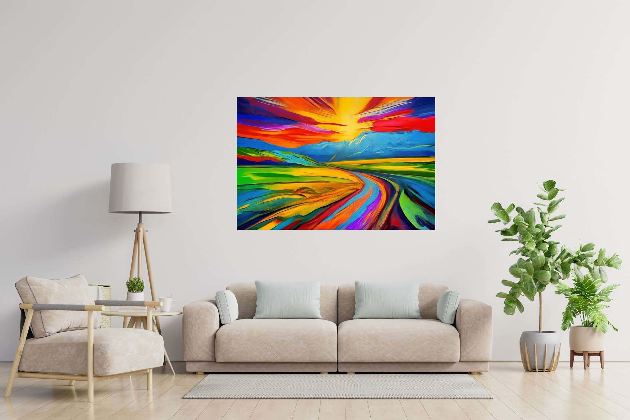 Aurora's veil enchantment: Vibrant sunset art with vibrant art prints, in a room with chic decor, framed art, and artisan decor. The art can be printed on poster, framed poster, canvas, metal, acrylic or wood, exclusively at WallArtZen. Find this exact print at https://wallartzen.com/waz289