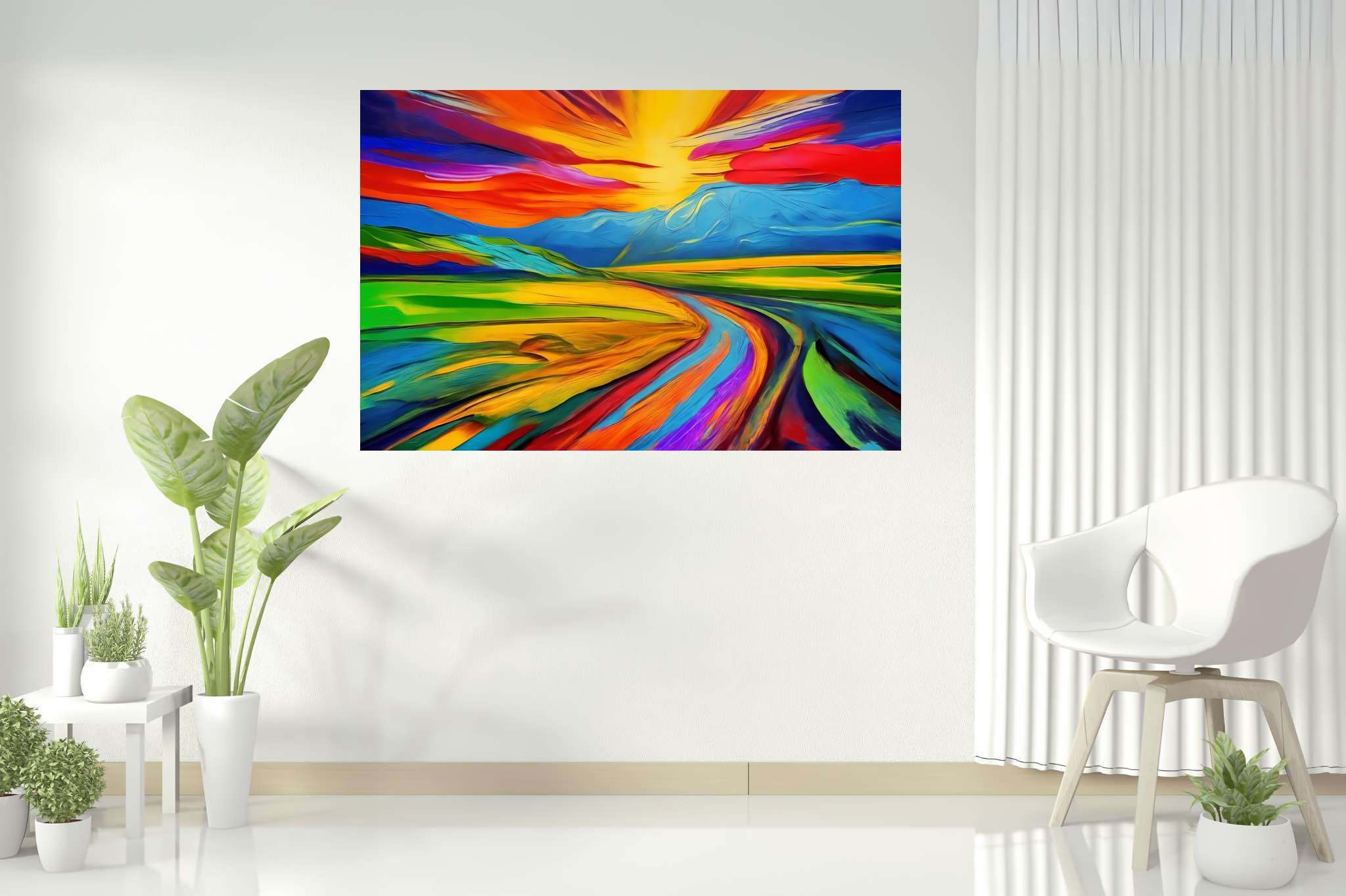 Aurora's veil enchantment: Vibrant sunset art with vibrant sunset photography, in a room with innovative layout, wall art, and home styling items. The art can be printed on poster, framed poster, canvas, metal, acrylic or wood, exclusively at WallArtZen. Find this exact print at https://wallartzen.com/waz289